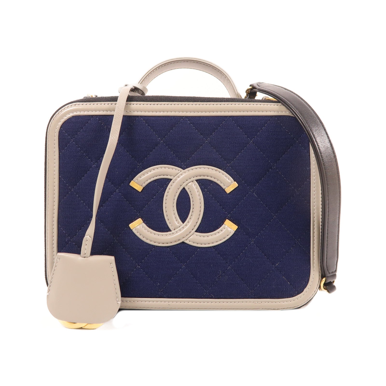 CHANEL 帆布Vanity Bag金扣手挽肩背兩用袋深藍色/黑色/灰色