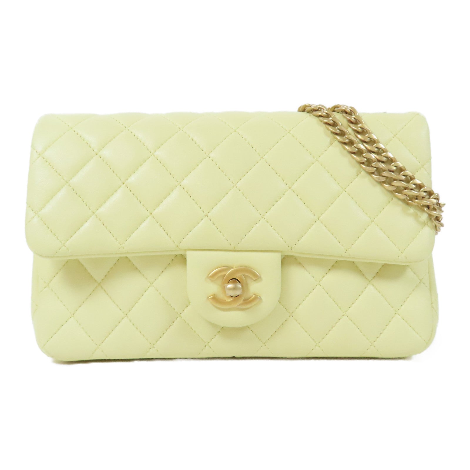 CHANEL 菱格羊皮皮革Chain Shoulder金扣肩背袋黃色