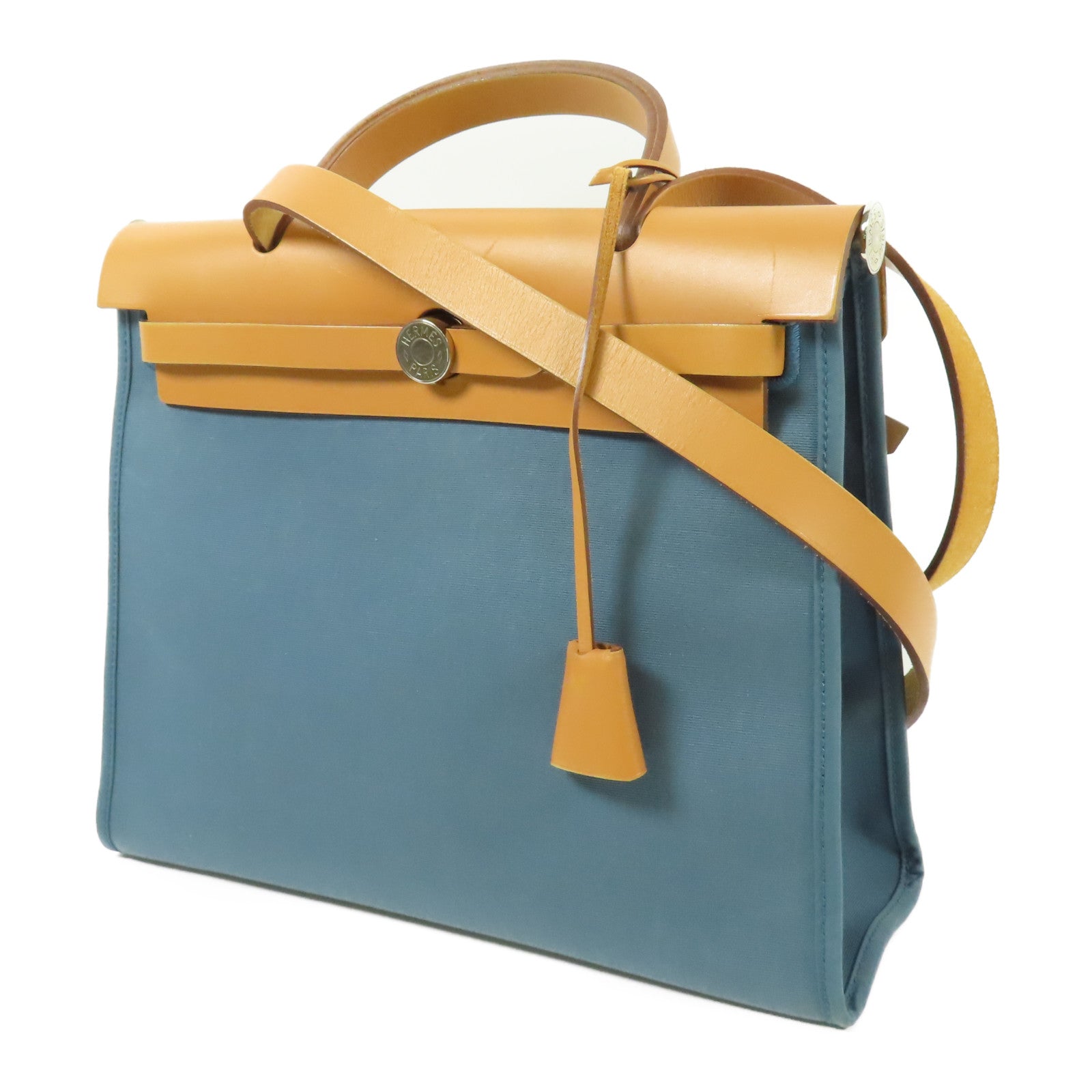 HERMES 帆布Herbag PM銀扣手挽肩背兩用袋Bleu Izmir