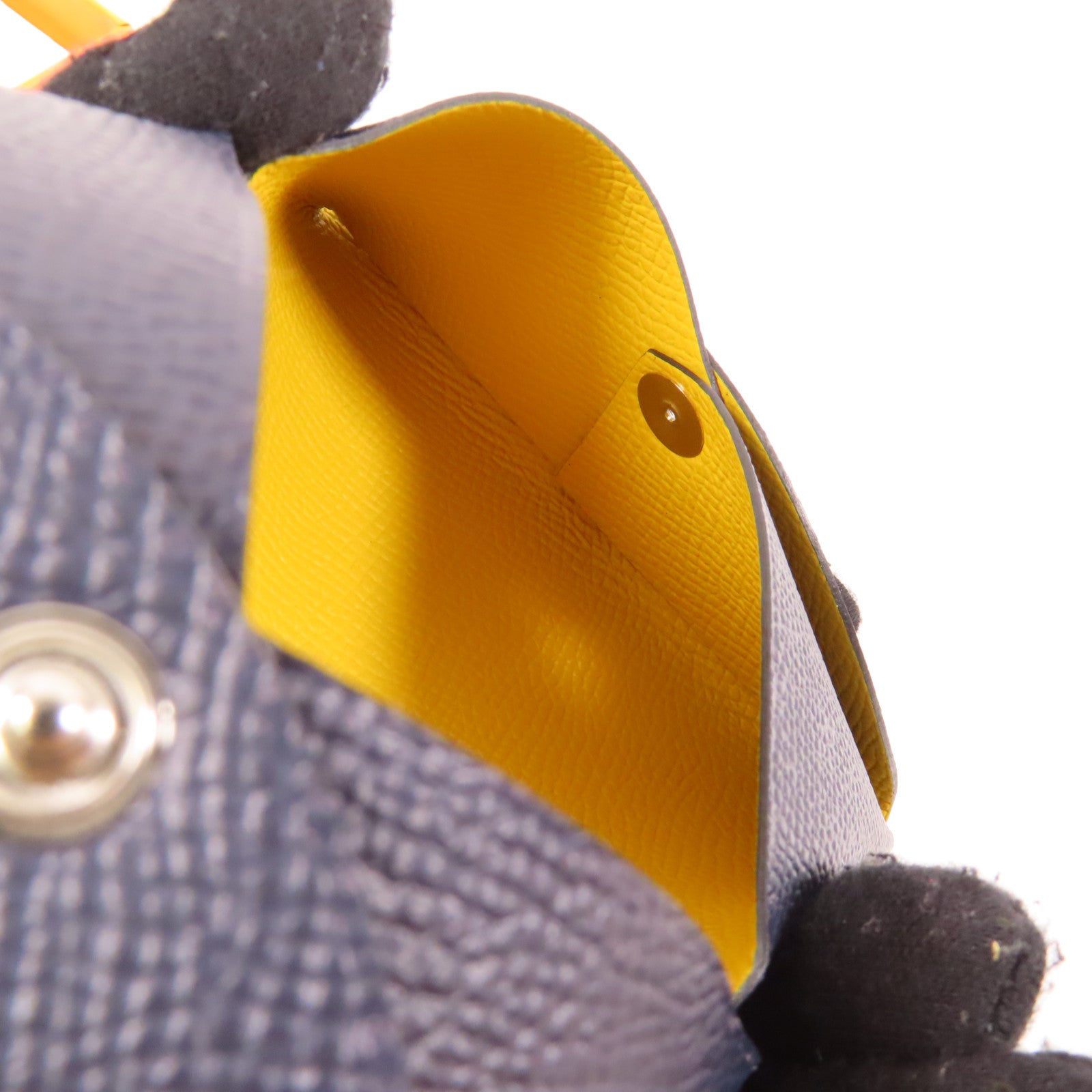 HERMES Epsom皮革Calvi銀扣卡片套76 Bleu Indigo深靛藍偏黑/9D Jaune Ambre琥珀黃