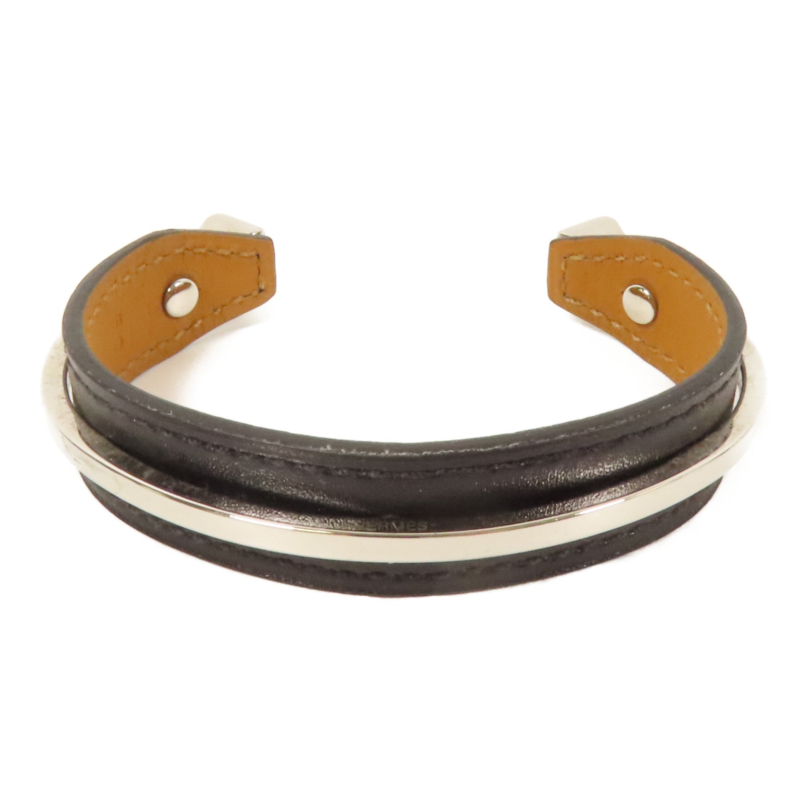 HERMES 牛皮皮革Open Cuff Bracelet手鐲Noir Hermes#M