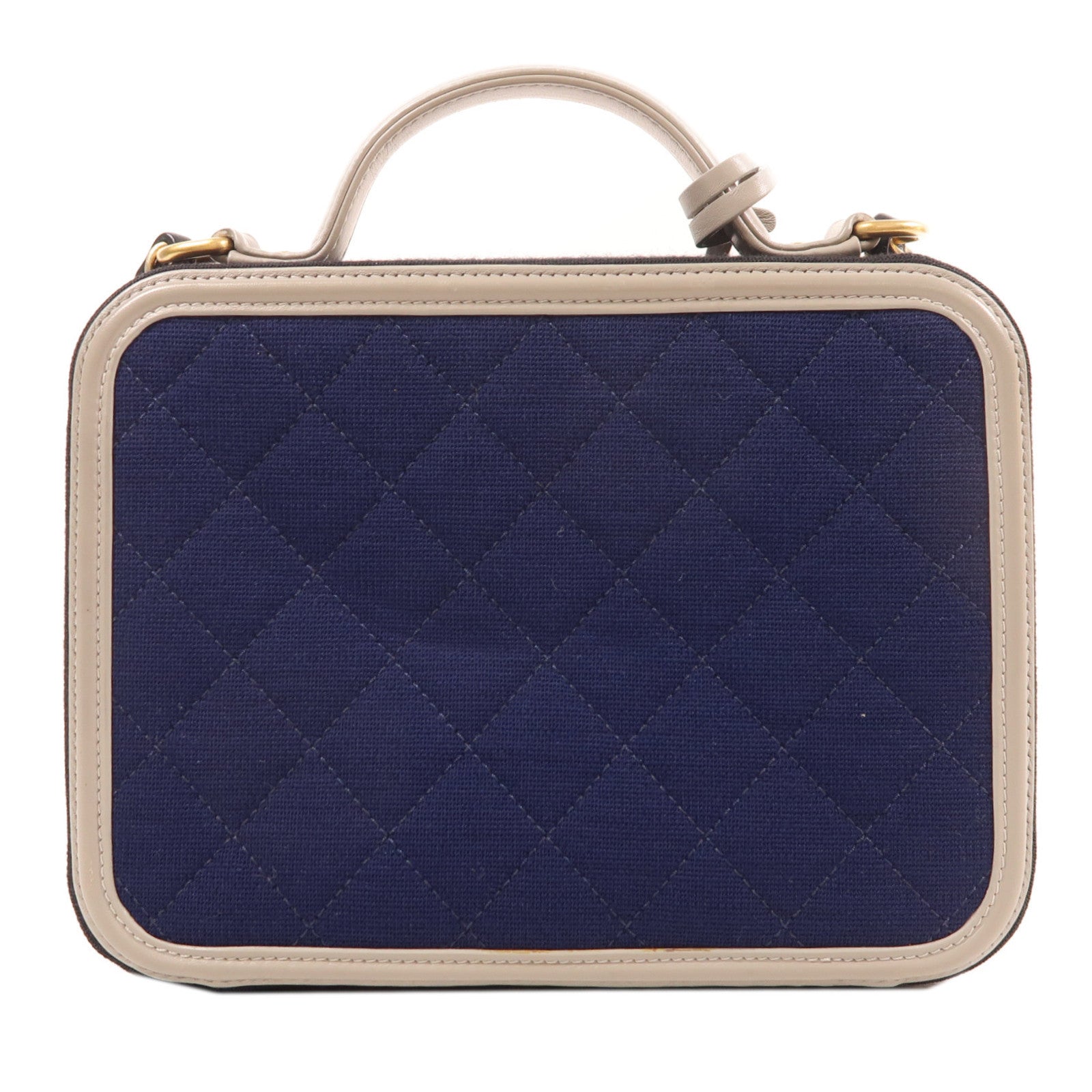 CHANEL 帆布Vanity Bag金扣手挽肩背兩用袋深藍色/黑色/灰色