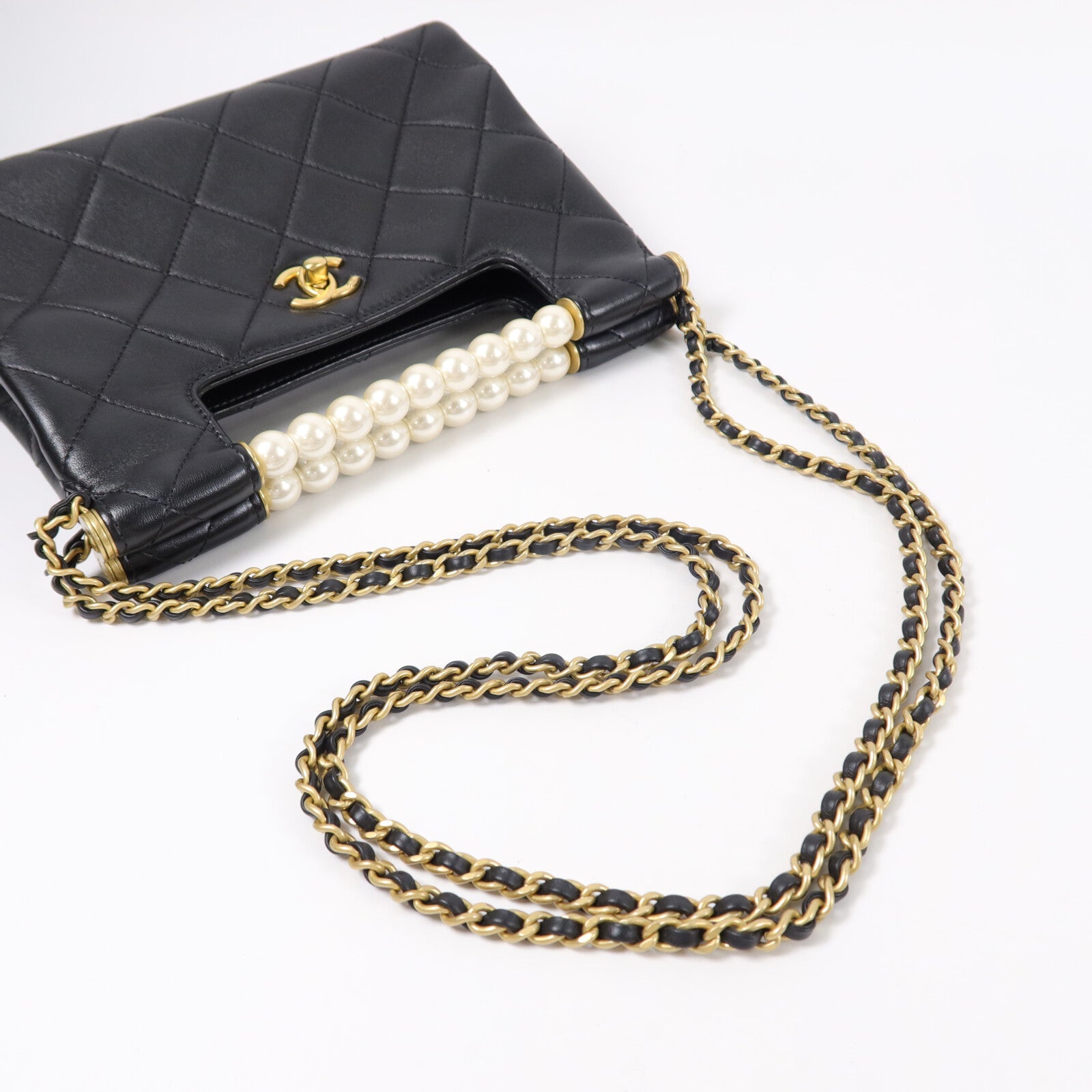 CHANEL 羊皮皮革Pearl Handle Shopping Bag鏈帶肩背袋