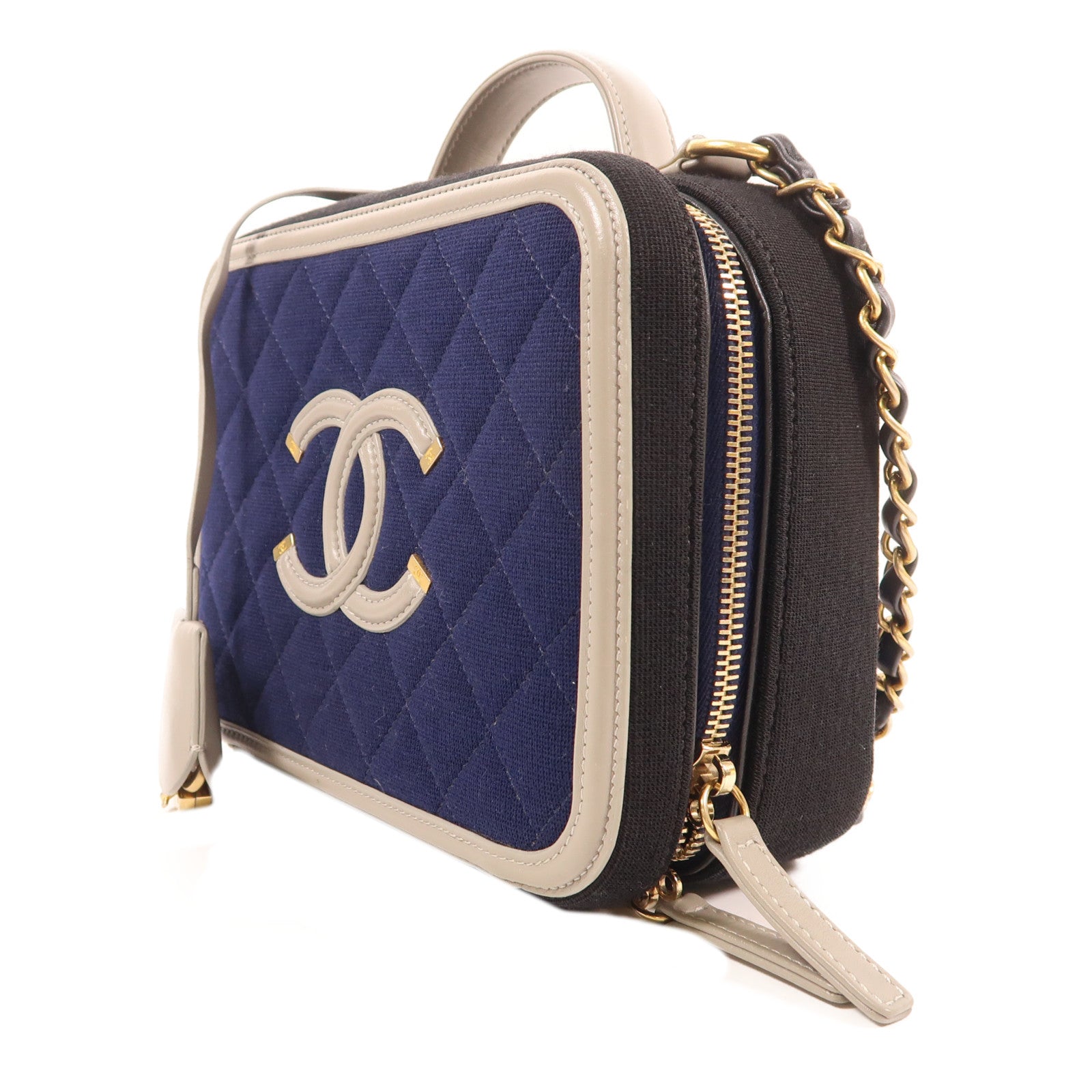 CHANEL 帆布Vanity Bag金扣手挽肩背兩用袋深藍色/黑色/灰色