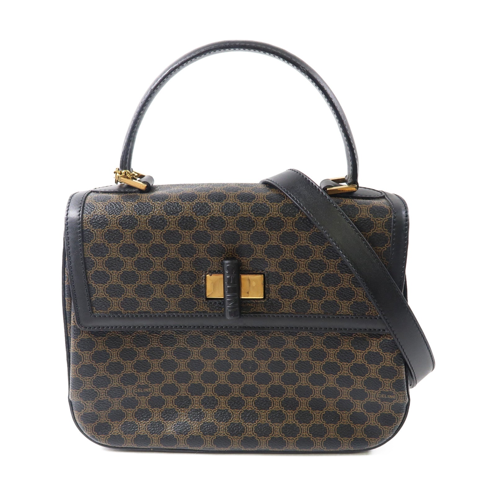 CELINE 牛皮皮革Vintage 2 Way Bag金扣手挽肩背兩用袋黑色/啡色