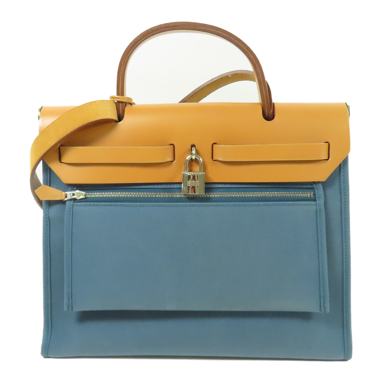HERMES 帆布Herbag PM銀扣手挽肩背兩用袋Bleu Izmir