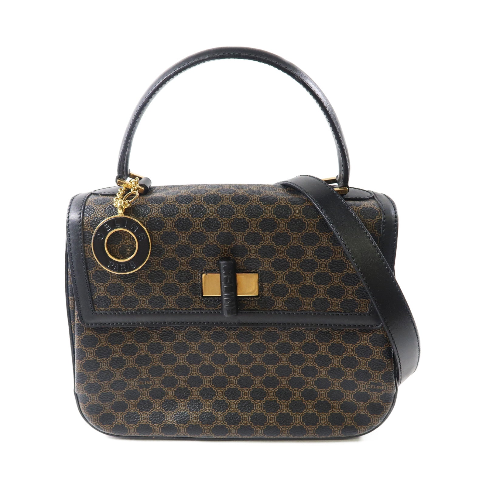 CELINE 牛皮皮革Vintage 2 Way Bag金扣手挽肩背兩用袋黑色/啡色