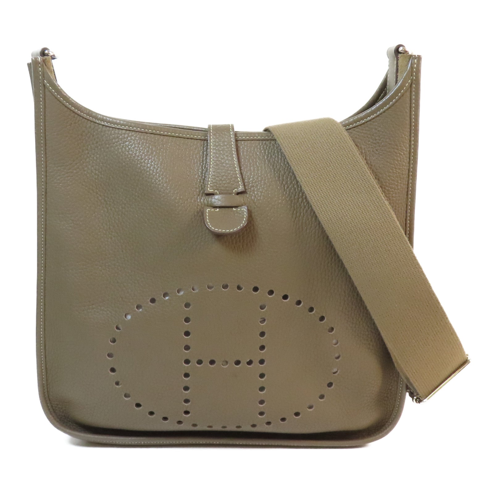 HERMES Clemence皮革Evelyne GM 銀扣肩背袋Etoupe