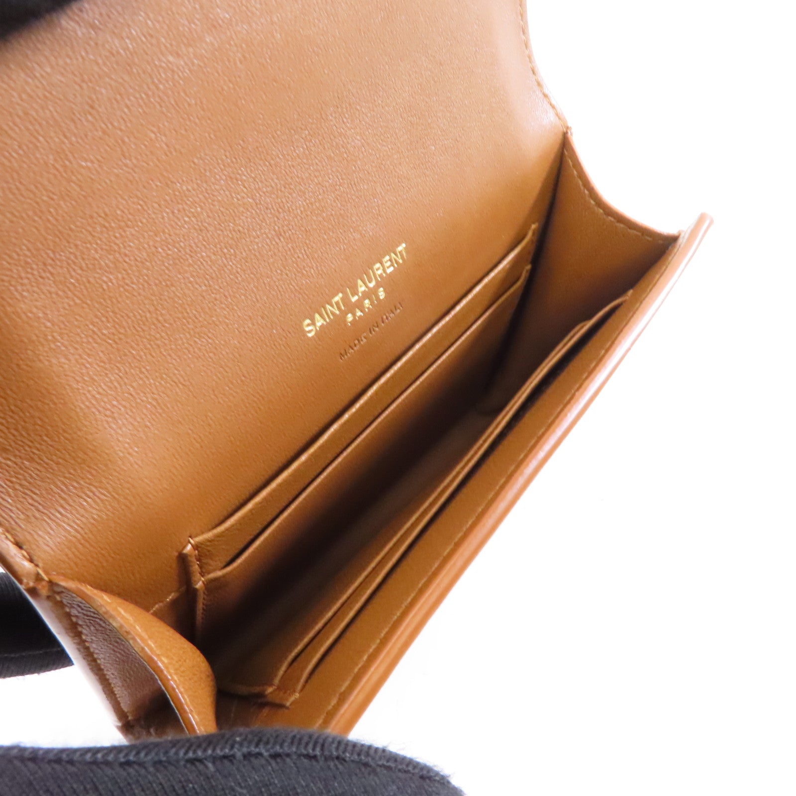 YVES SAINT LAURENT 牛皮皮革Card Case金扣卡片套棕色
