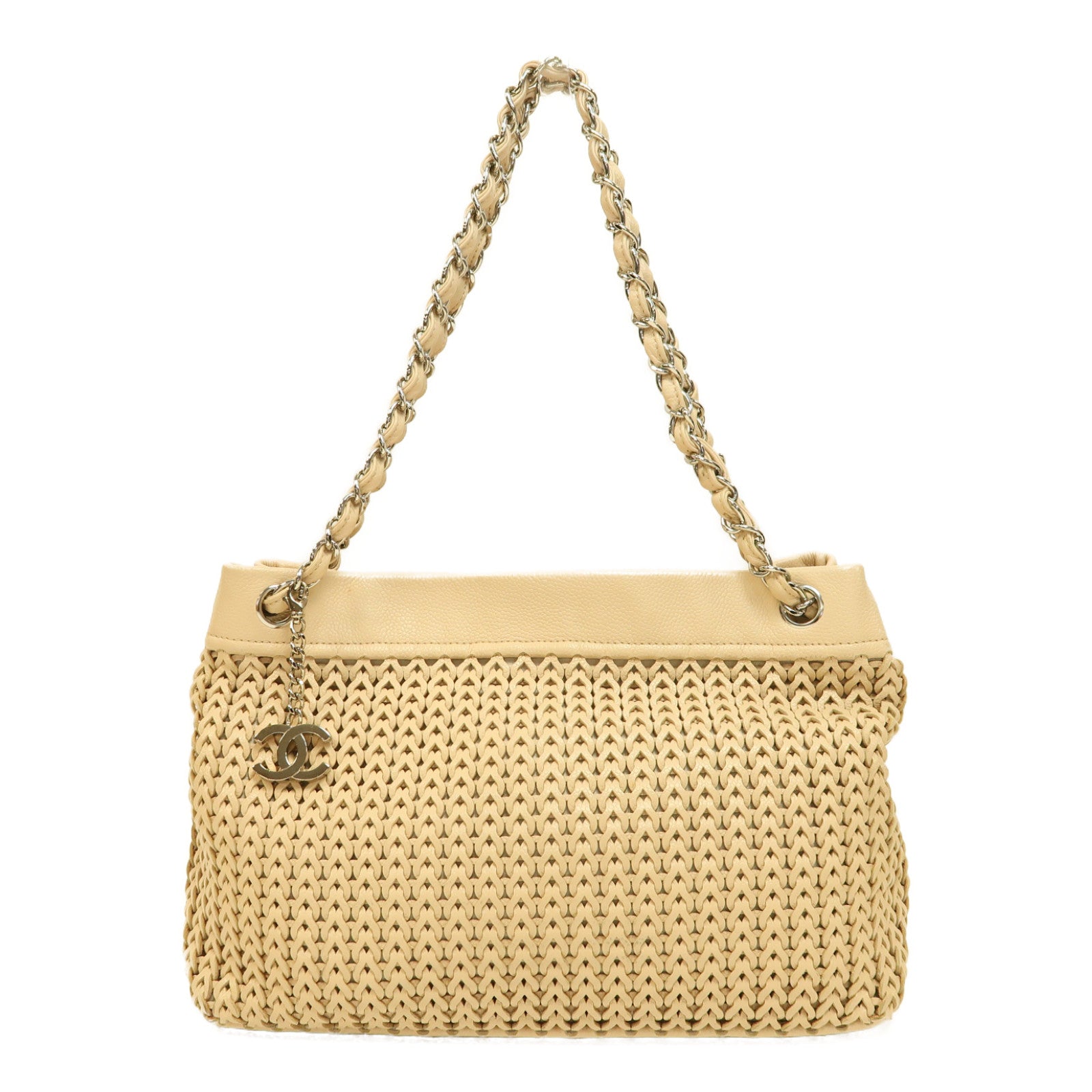 CHANEL 【激減優惠】織紋皮革Chain Shoulder Bag銀扣鏈帶肩背袋米色