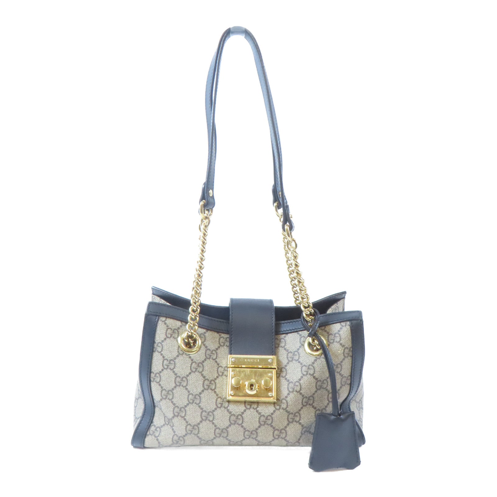 GUCCI 【激減優惠】塗層帆布Padlock Small GG金扣鏈帶肩背袋啡色/黑色