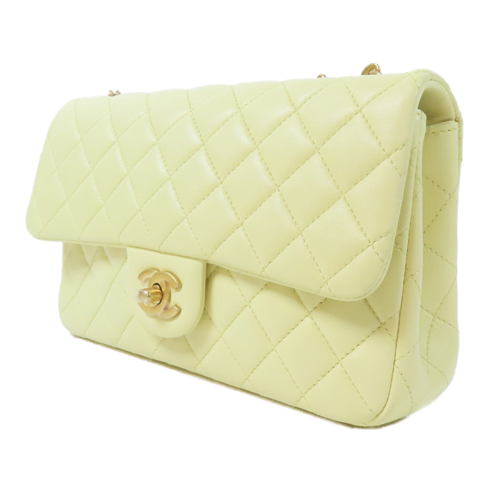 CHANEL 菱格羊皮皮革Chain Shoulder金扣肩背袋黃色