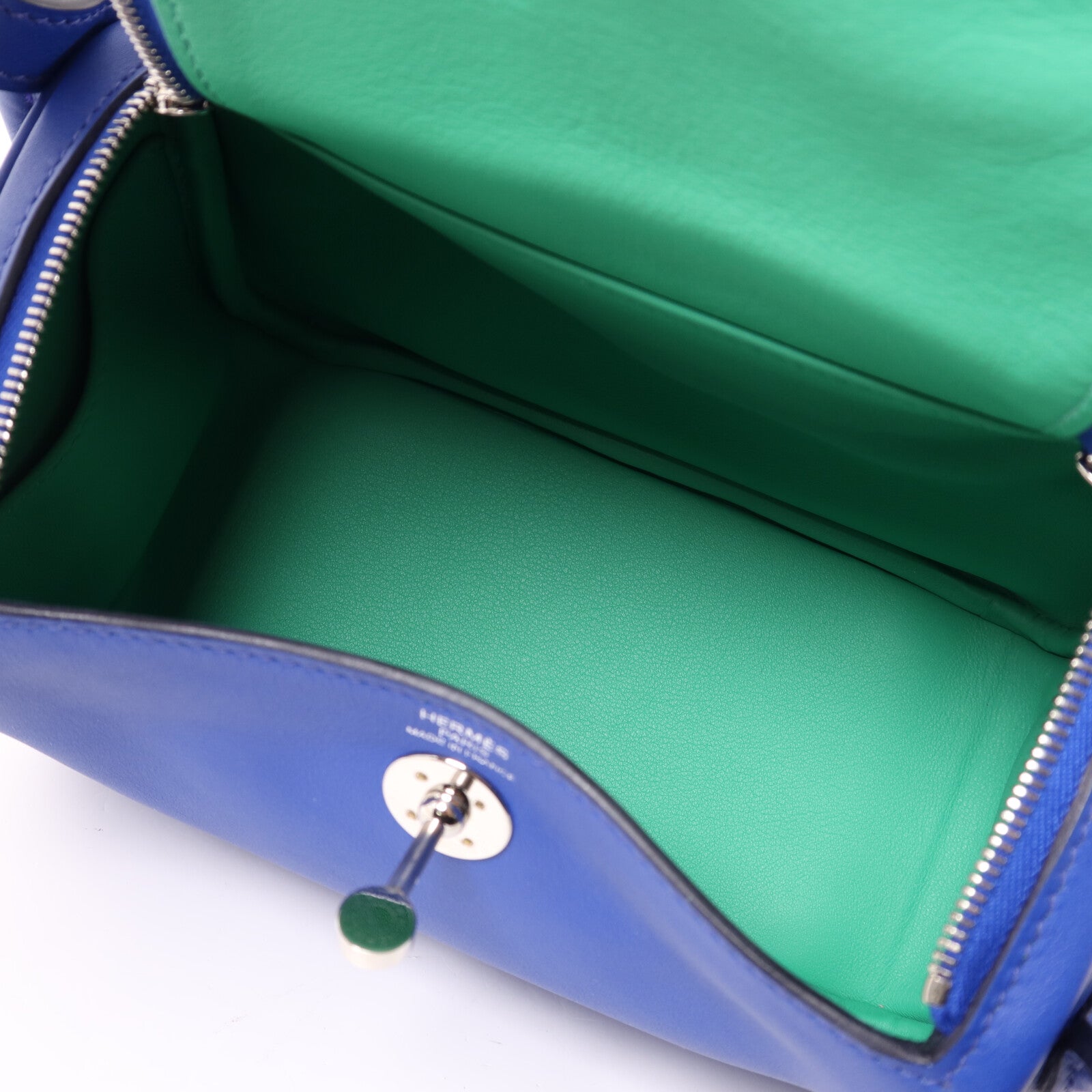 HERMES Swift皮革Mini Lindy銀扣手挽肩背兩用袋Bleu Royal/Menthe
