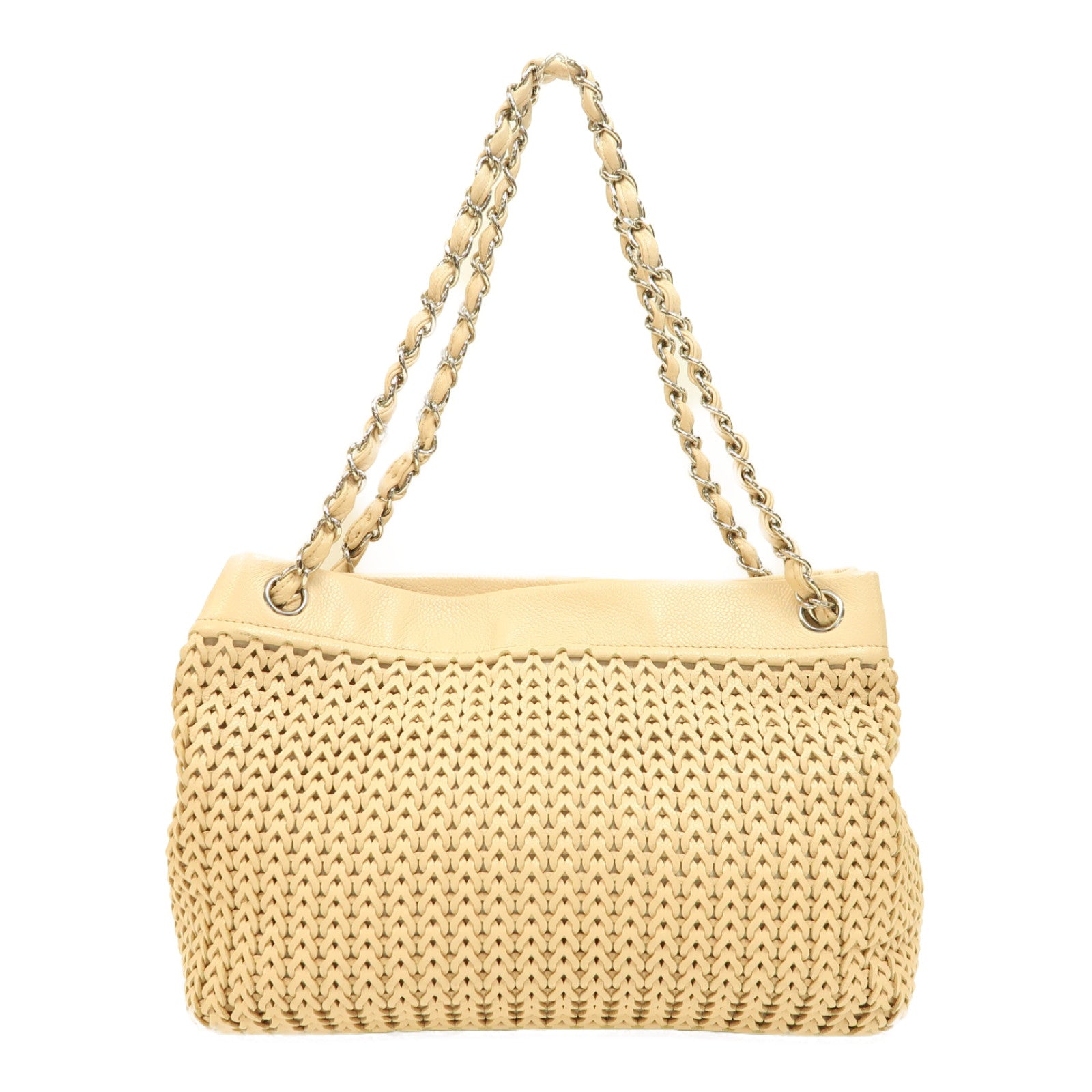 CHANEL 【激減優惠】織紋皮革Chain Shoulder Bag銀扣鏈帶肩背袋米色
