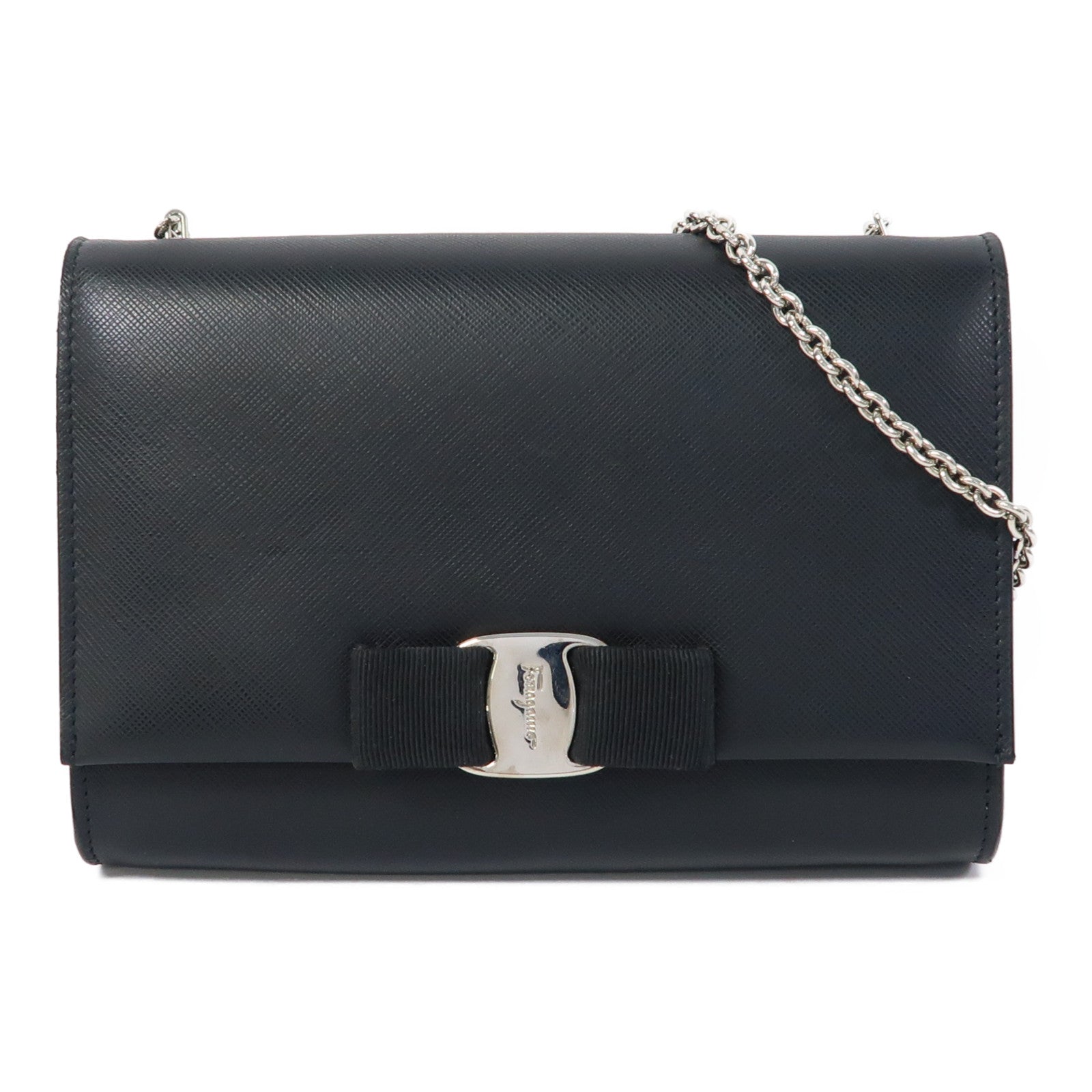Salvatore Ferragamo 牛皮皮革Shoulder Bag銀扣鏈帶肩背袋黑色