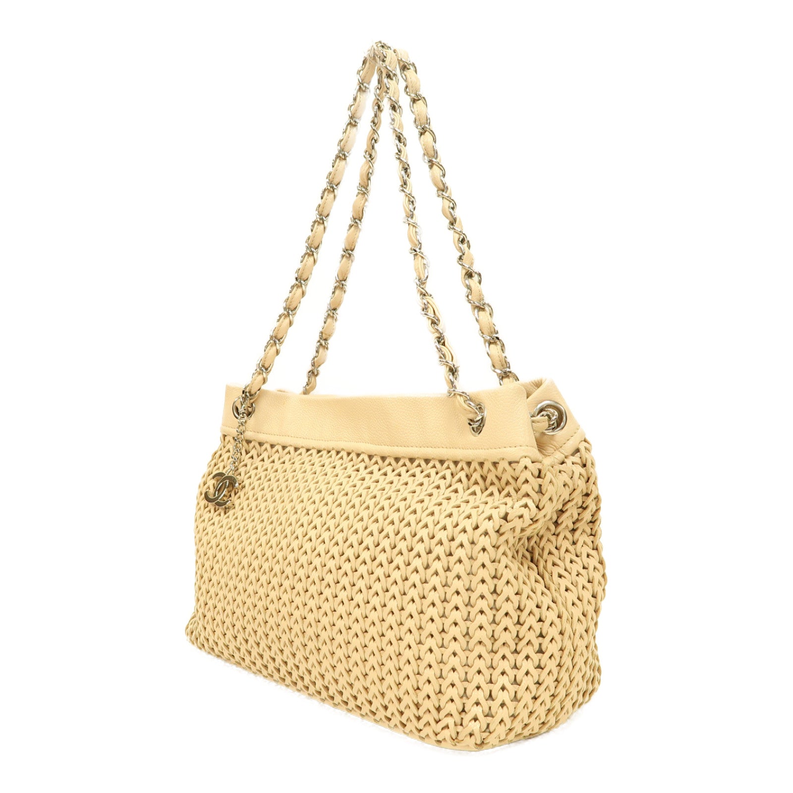 CHANEL 【激減優惠】織紋皮革Chain Shoulder Bag銀扣鏈帶肩背袋米色