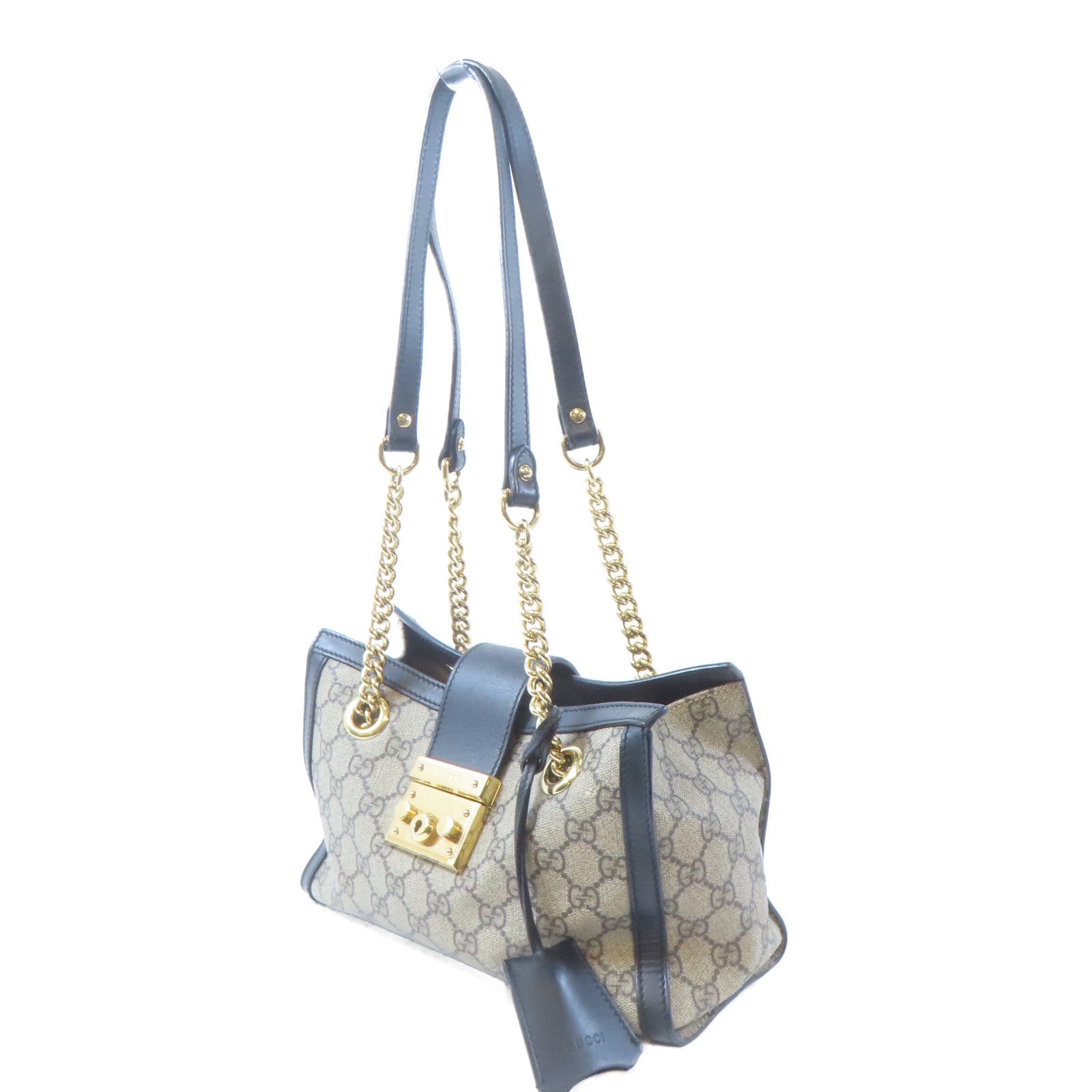 GUCCI 【激減優惠】塗層帆布Padlock Small GG金扣鏈帶肩背袋啡色/黑色