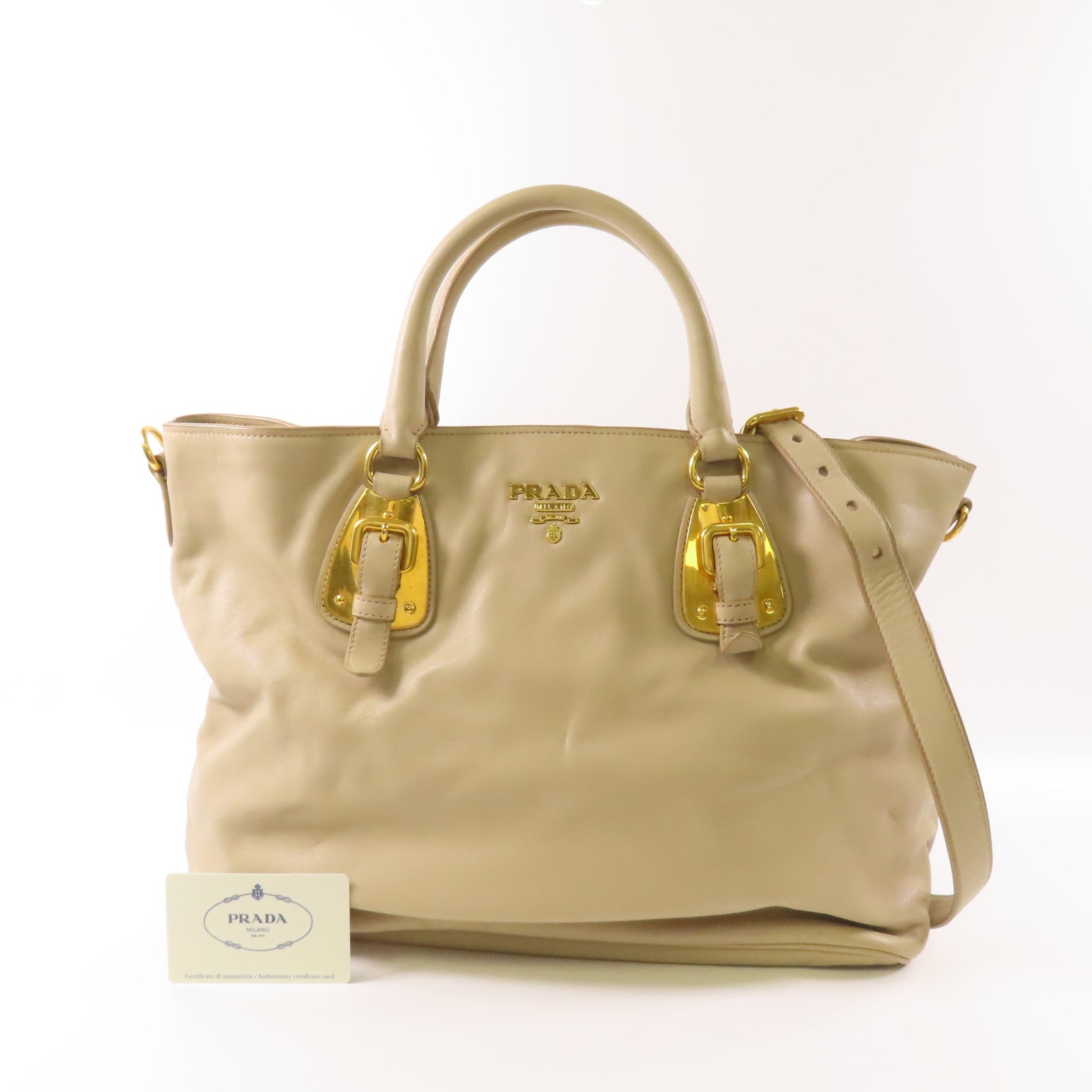 PRADA GHW Shopping Tote 2 Way Shoulder Bag BN1902 Calfskin Leather Beige