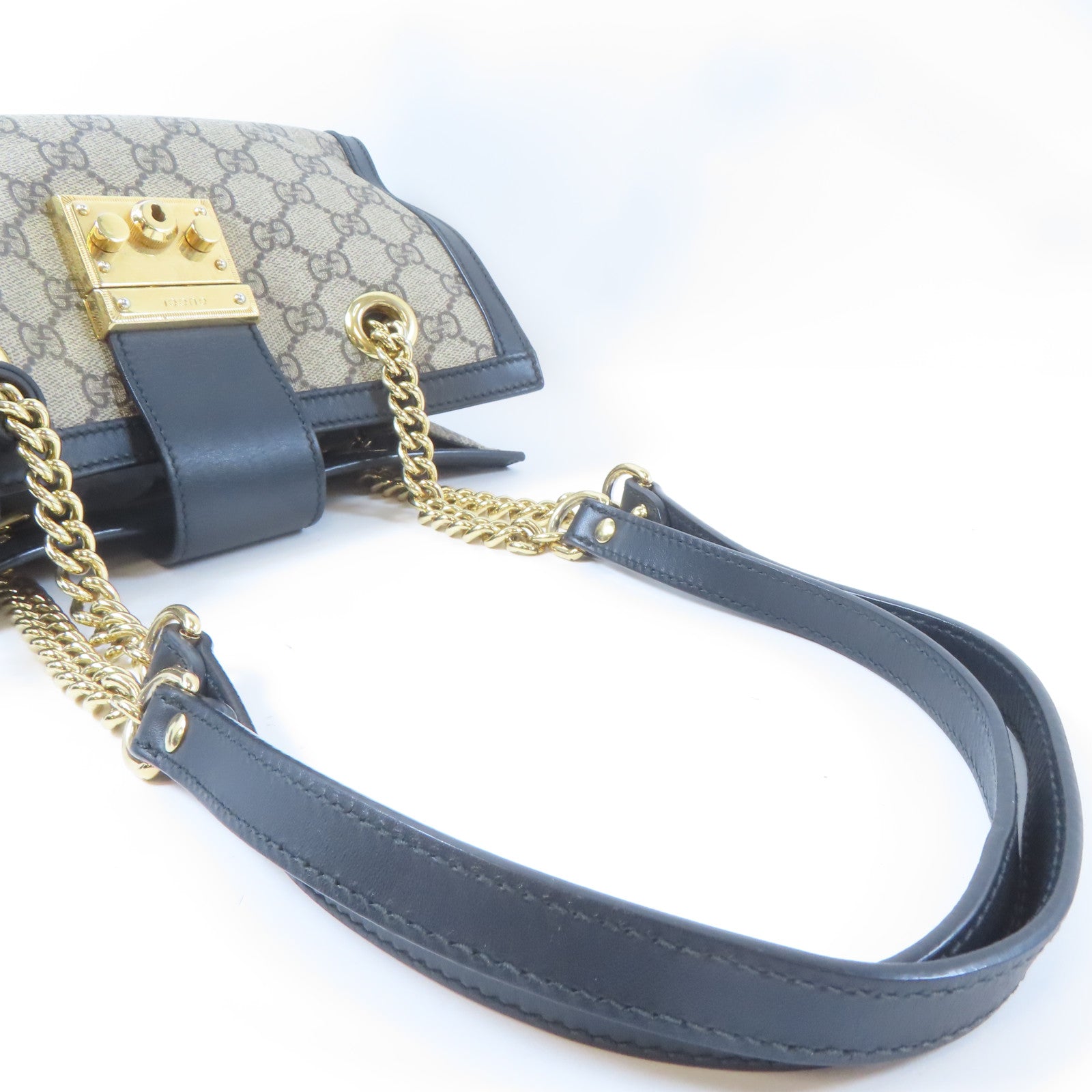 GUCCI 【激減優惠】塗層帆布Padlock Small GG金扣鏈帶肩背袋啡色/黑色