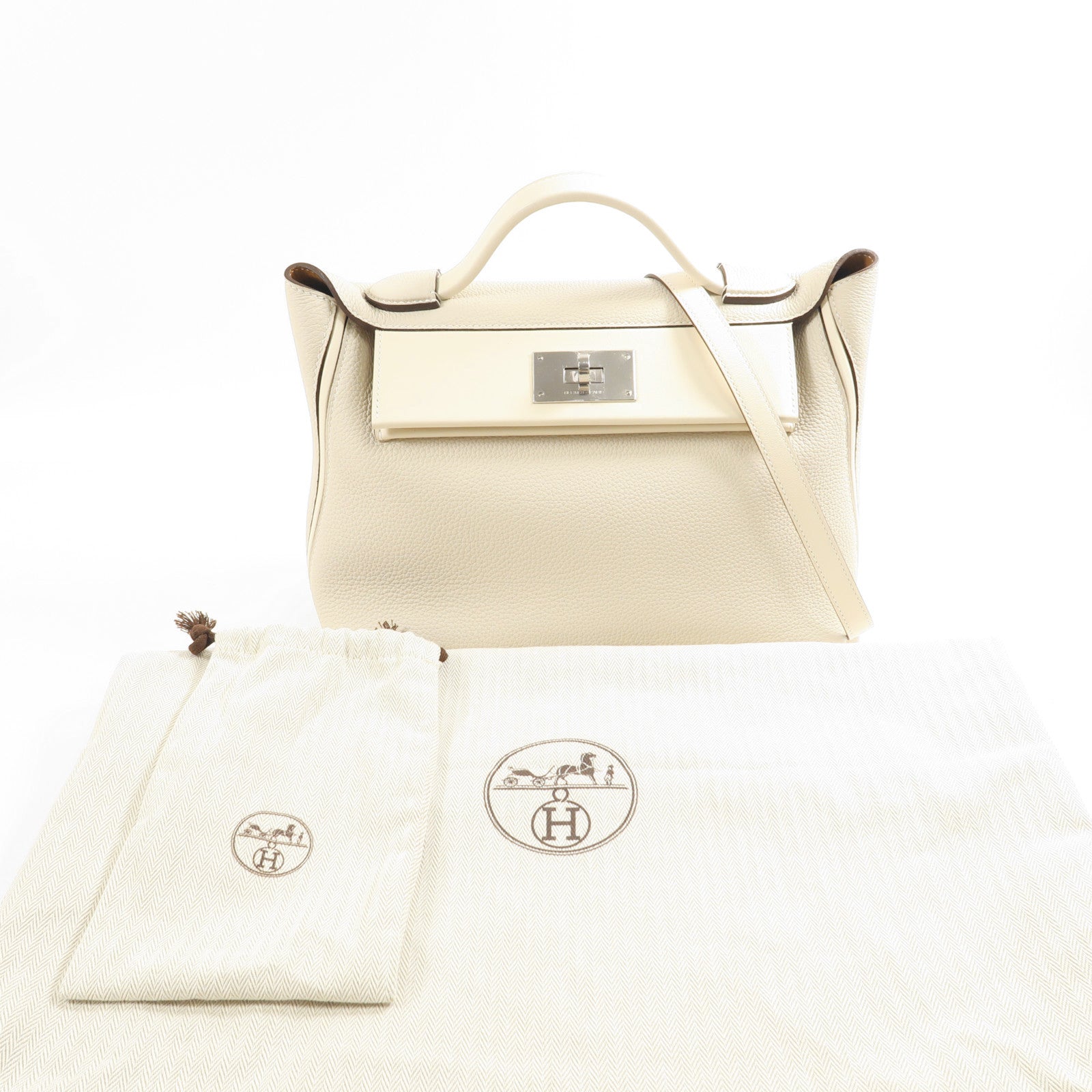 HERMES PHW 24/24 2Way Shoulder Hand Bag Togo Leather/Swift Leather Nata White
