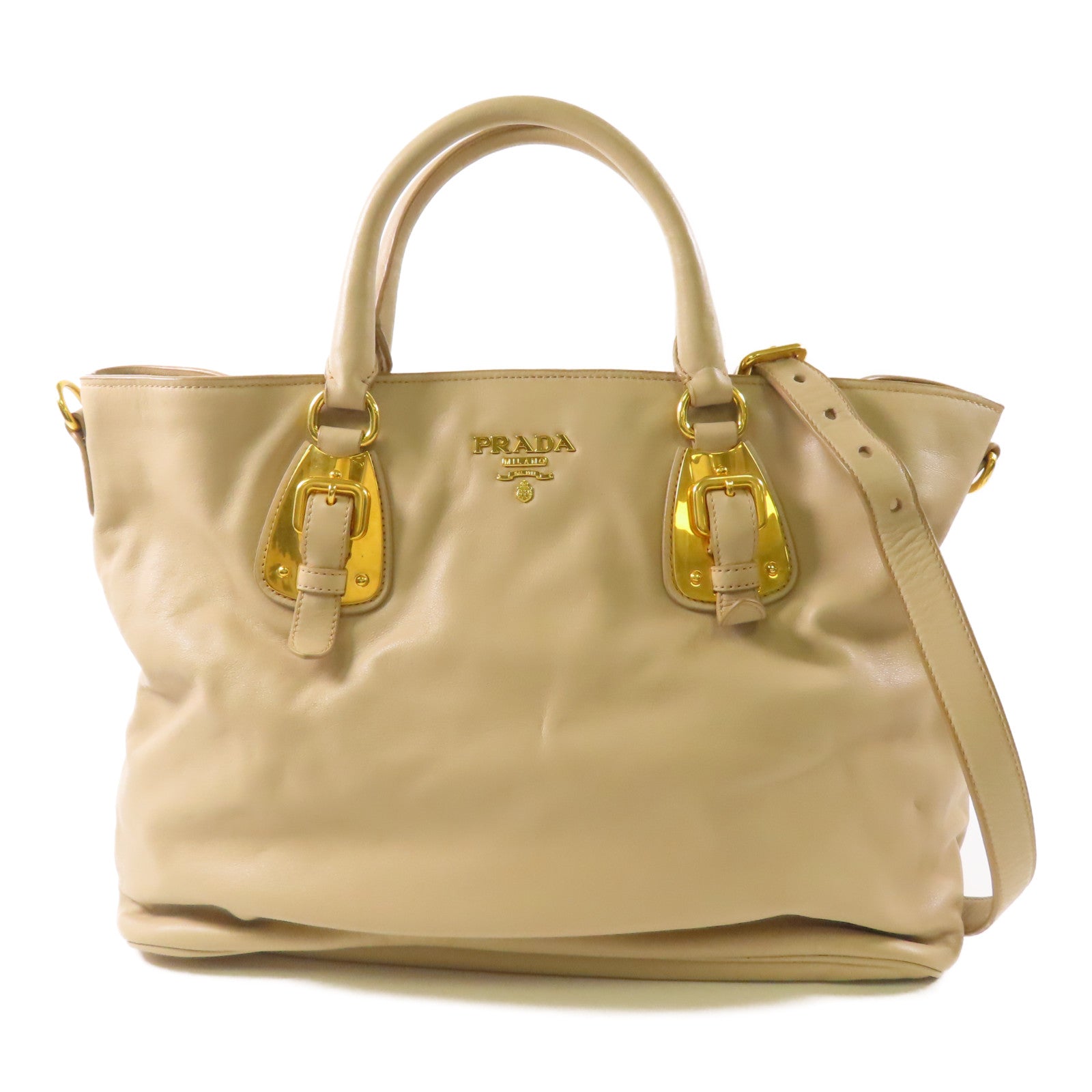 PRADA GHW Shopping Tote 2 Way Shoulder Bag BN1902 Calfskin Leather Beige