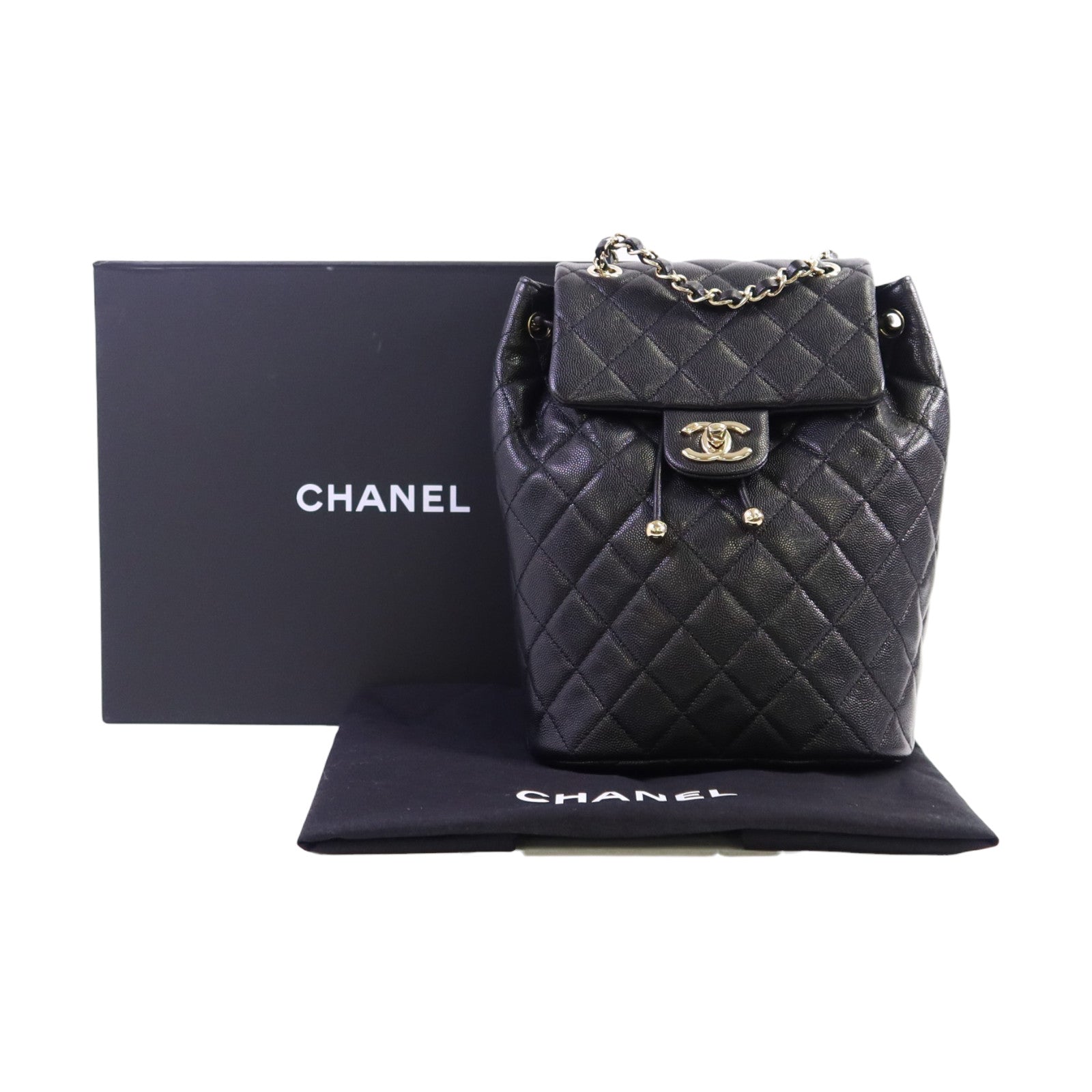 CHANEL 牛皮皮革Backpack金扣鏈帶背包