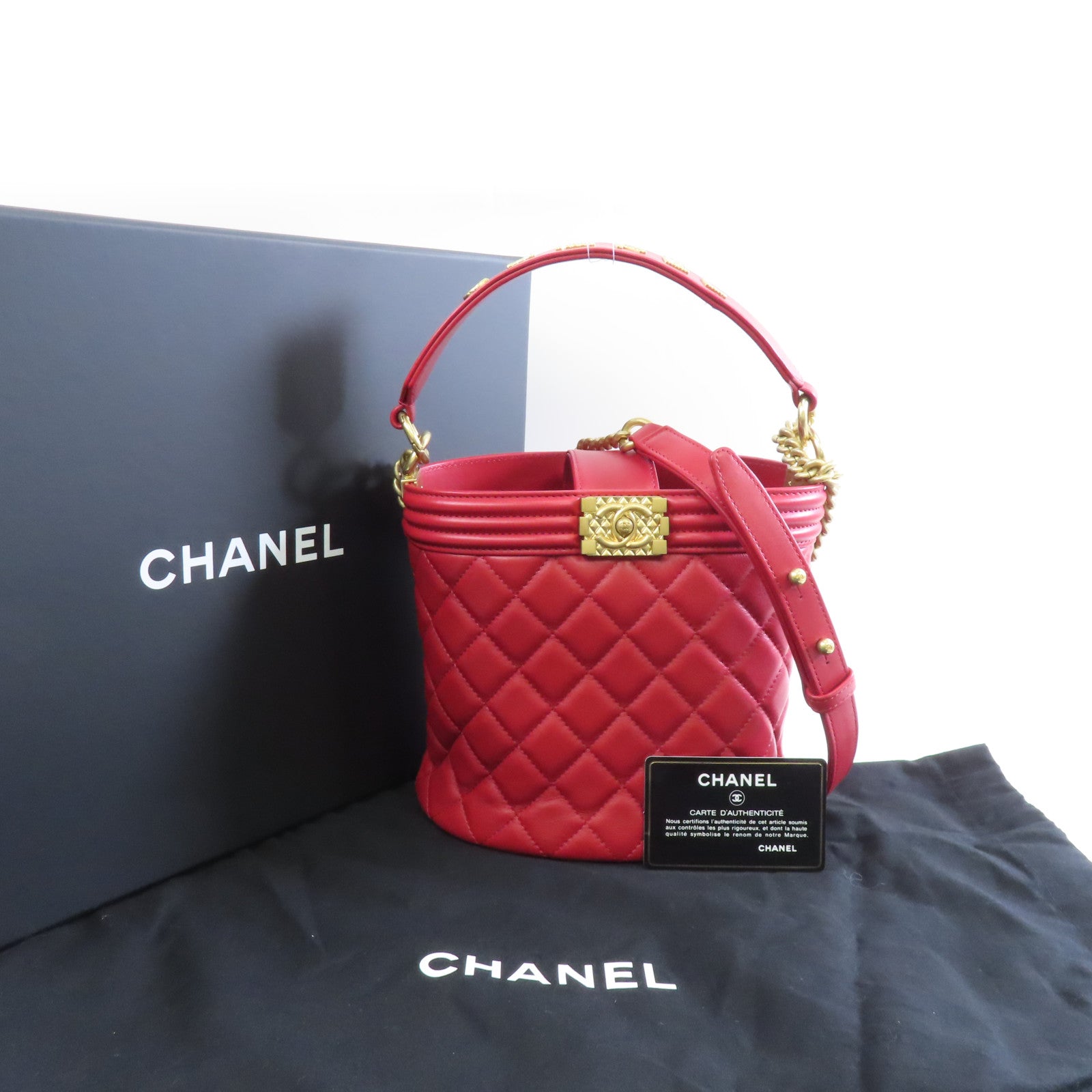CHANEL 菱格羊皮皮革Bucket Bag金扣手挽肩背兩用袋紅色