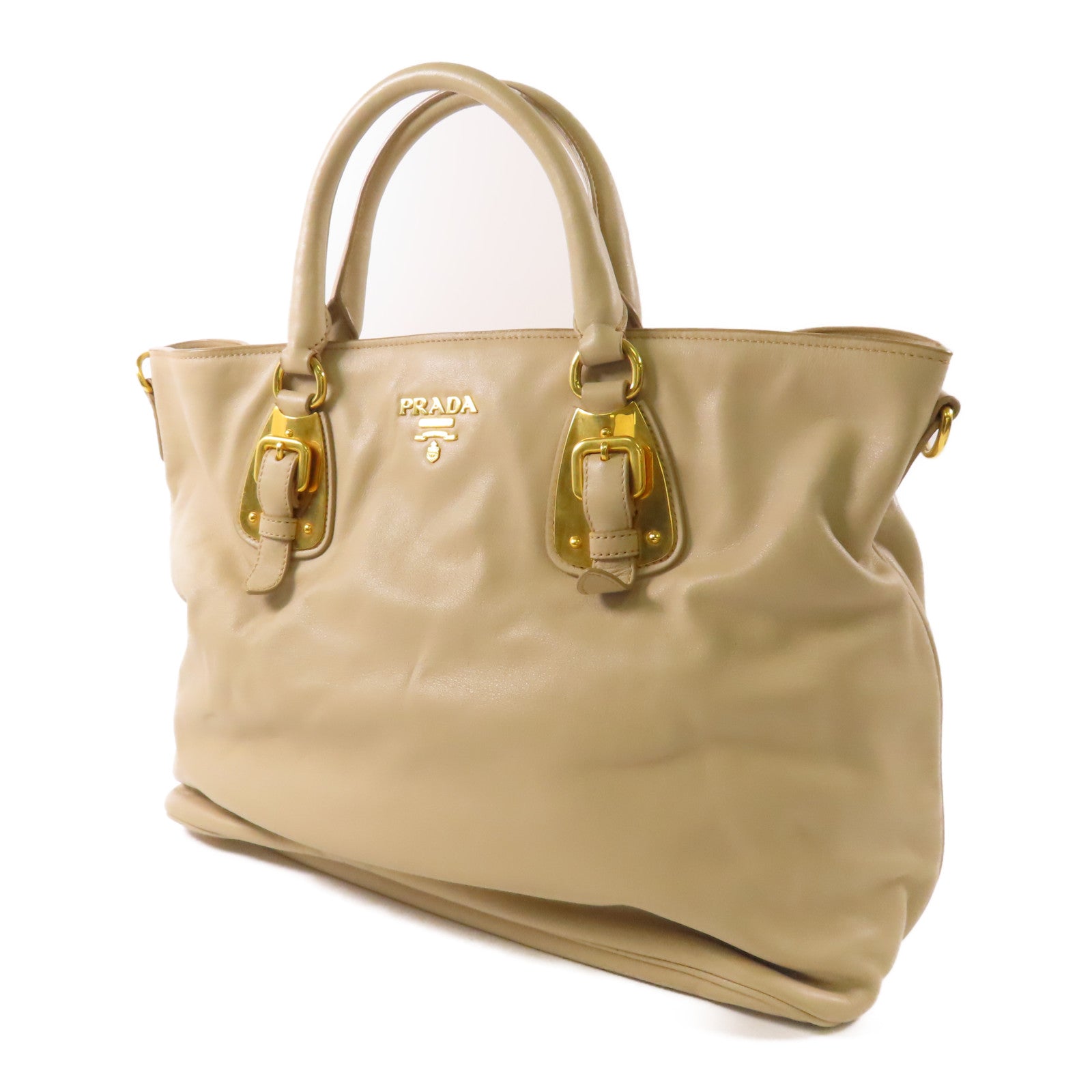 PRADA GHW Shopping Tote 2 Way Shoulder Bag BN1902 Calfskin Leather Beige