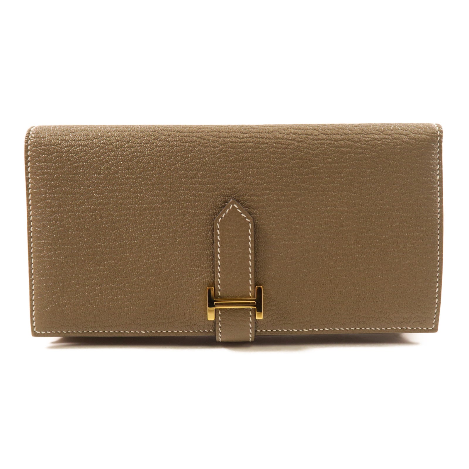 HERMES Chevre皮革Bearn Wallet金扣長錢包Etoupe