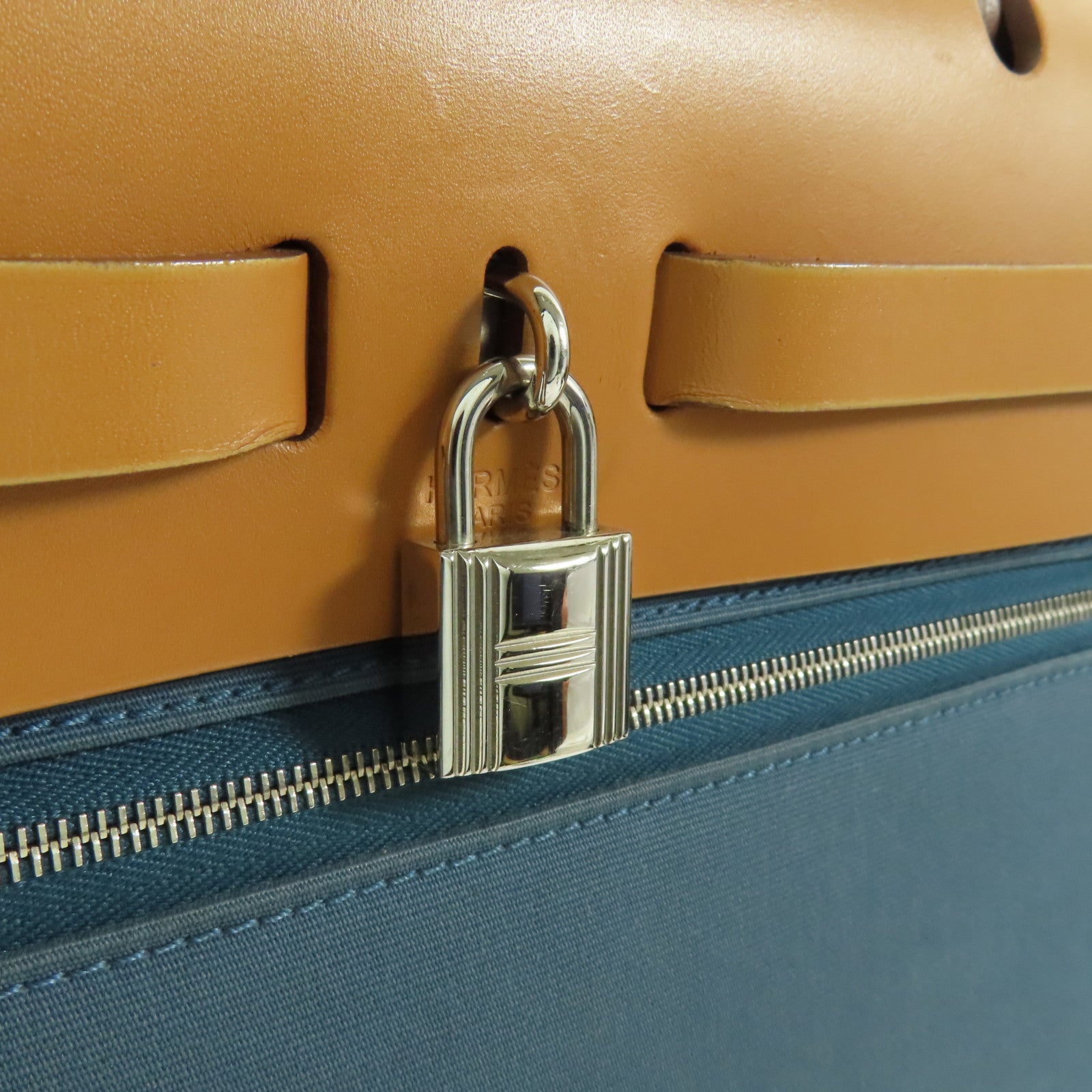 HERMES 帆布Herbag PM銀扣手挽肩背兩用袋Bleu Izmir