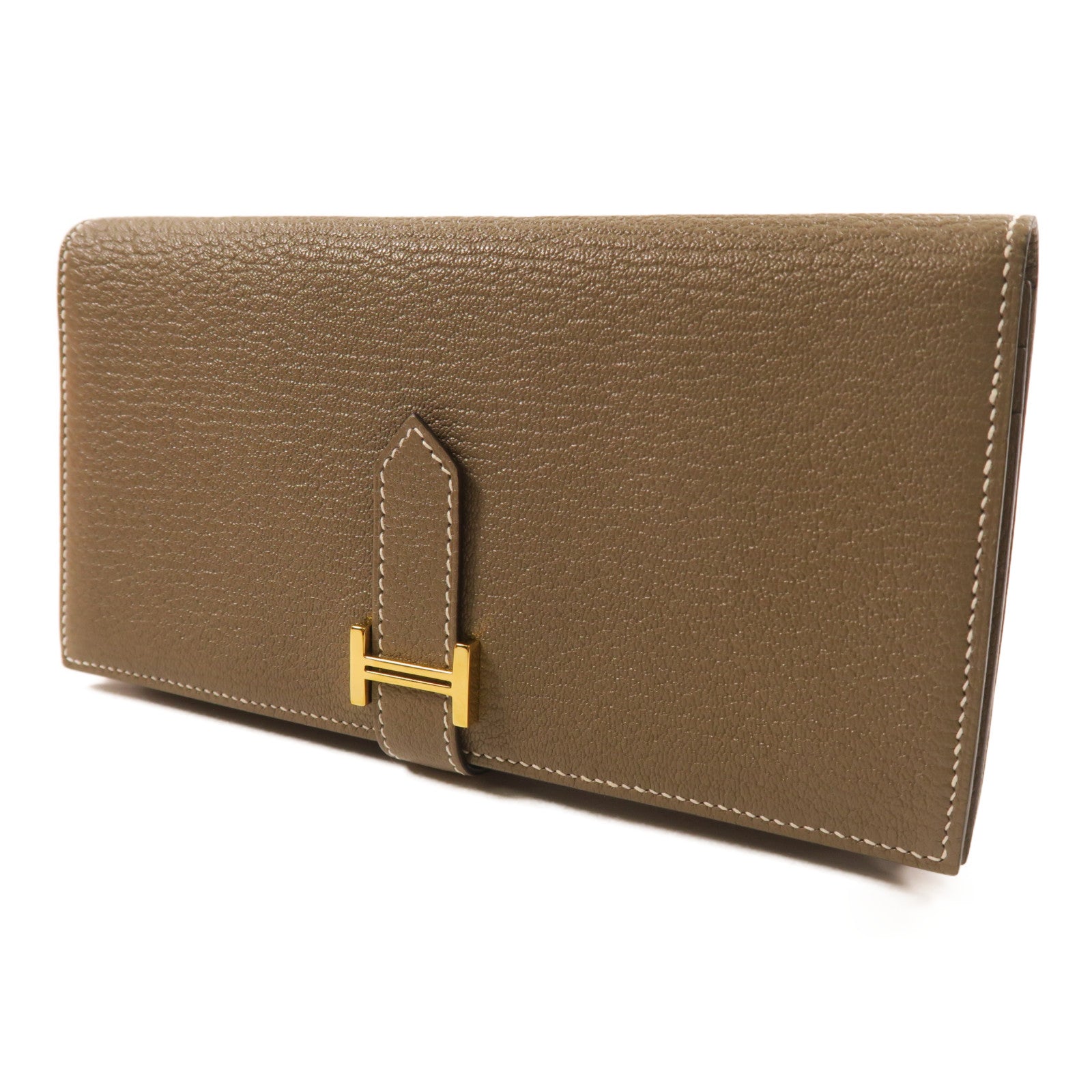 HERMES Chevre皮革Bearn Wallet金扣長錢包Etoupe