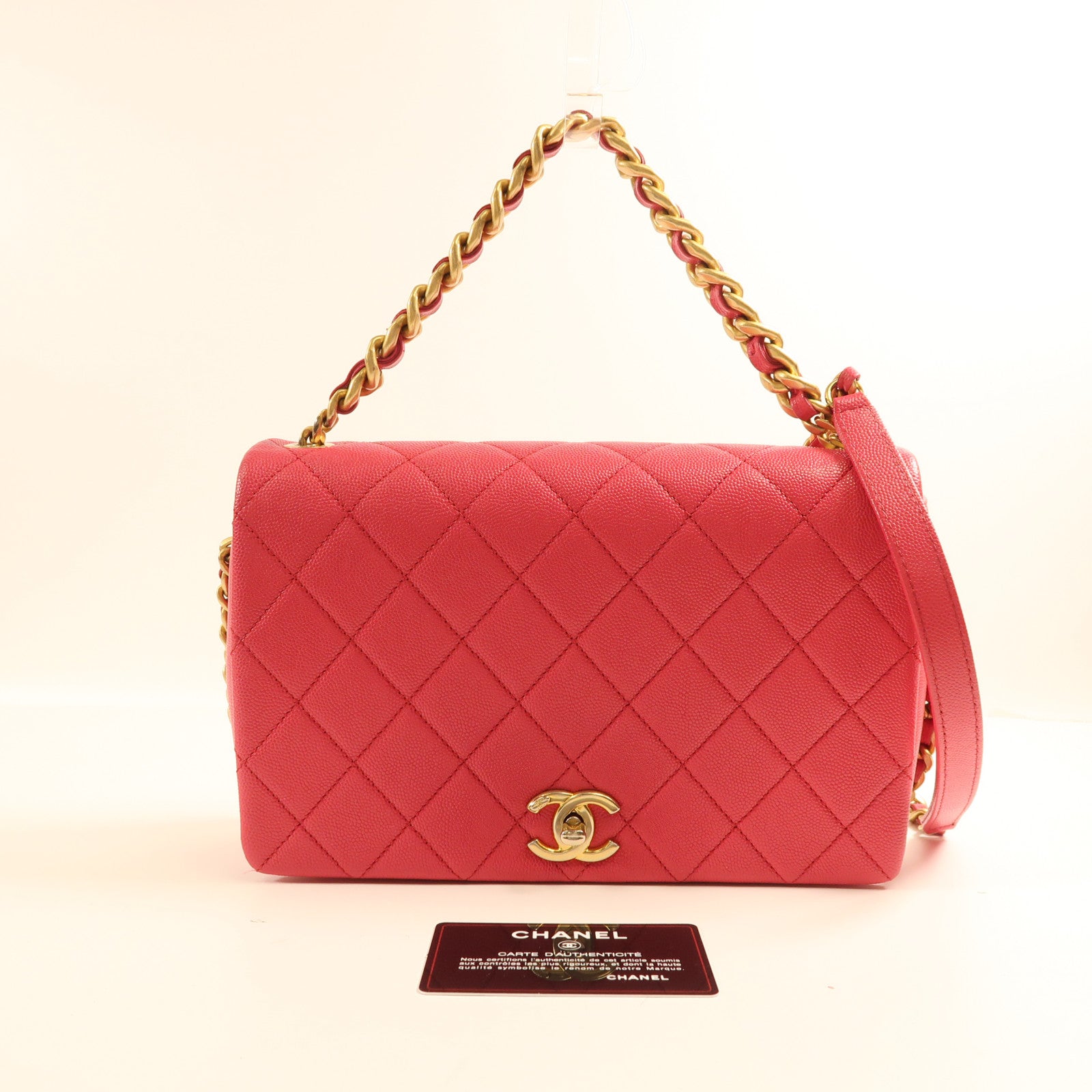 CHANEL 牛皮皮革Shoulder Bag金扣手挽肩背兩用袋粉紅色