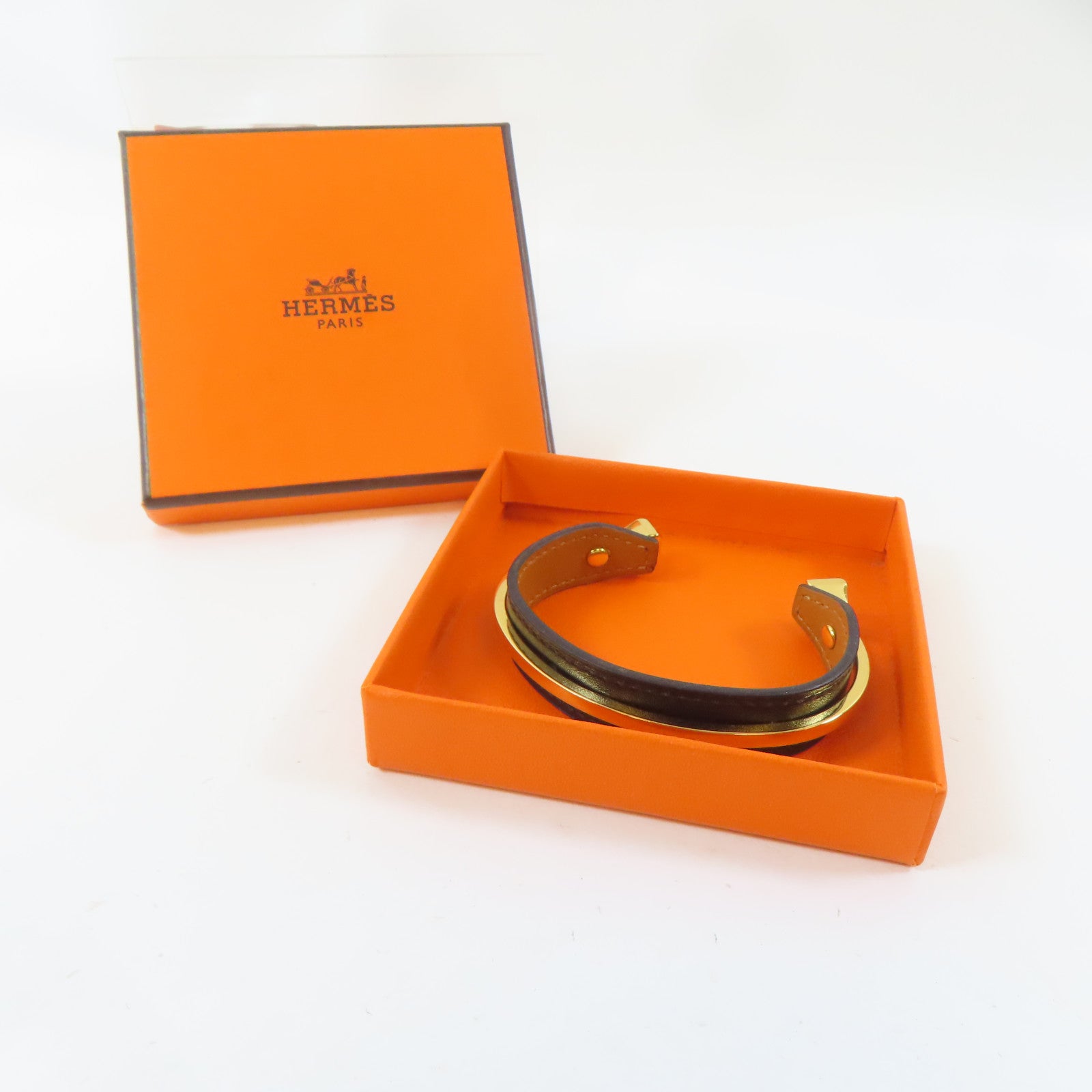 HERMES 皮革/金屬Open Cuff Bracelet手鐲黑色/金色#17cm
