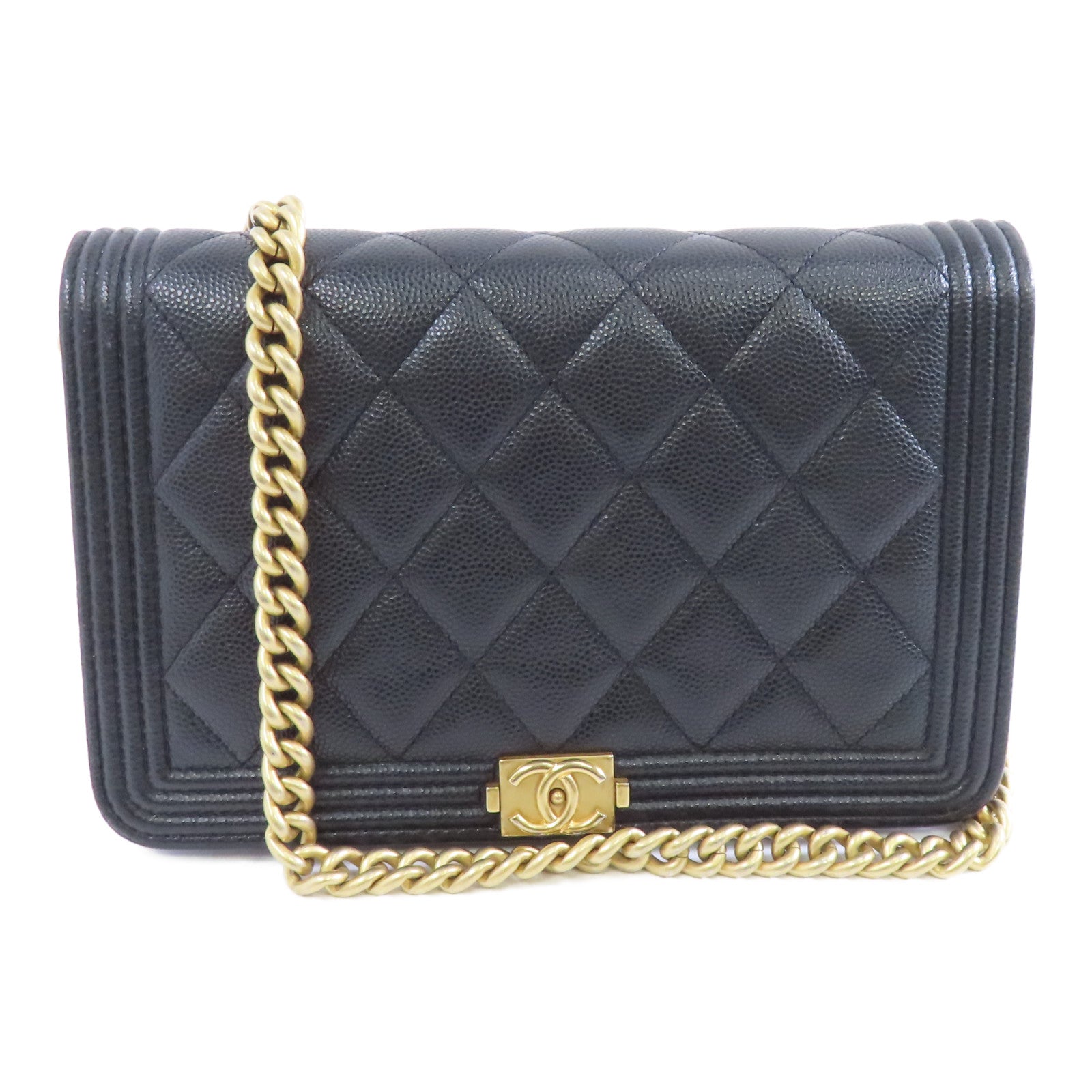 CHANEL 菱格Caviar皮革Boy Wallet On Chain金扣鏈帶肩背袋黑色