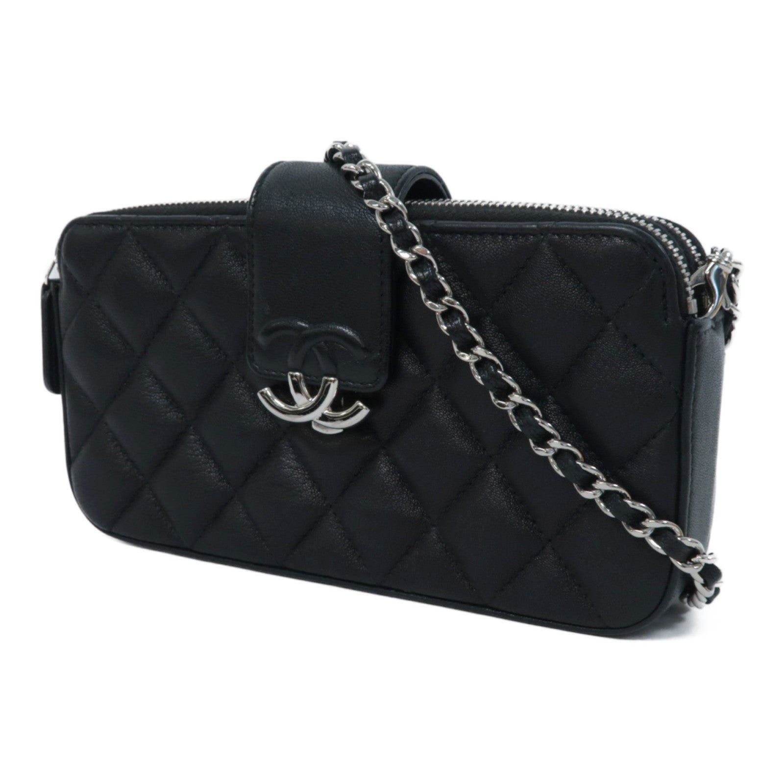 CHANEL 【激減優惠】菱格羊皮皮革Shoulder Bag銀扣鏈帶肩背袋黑色