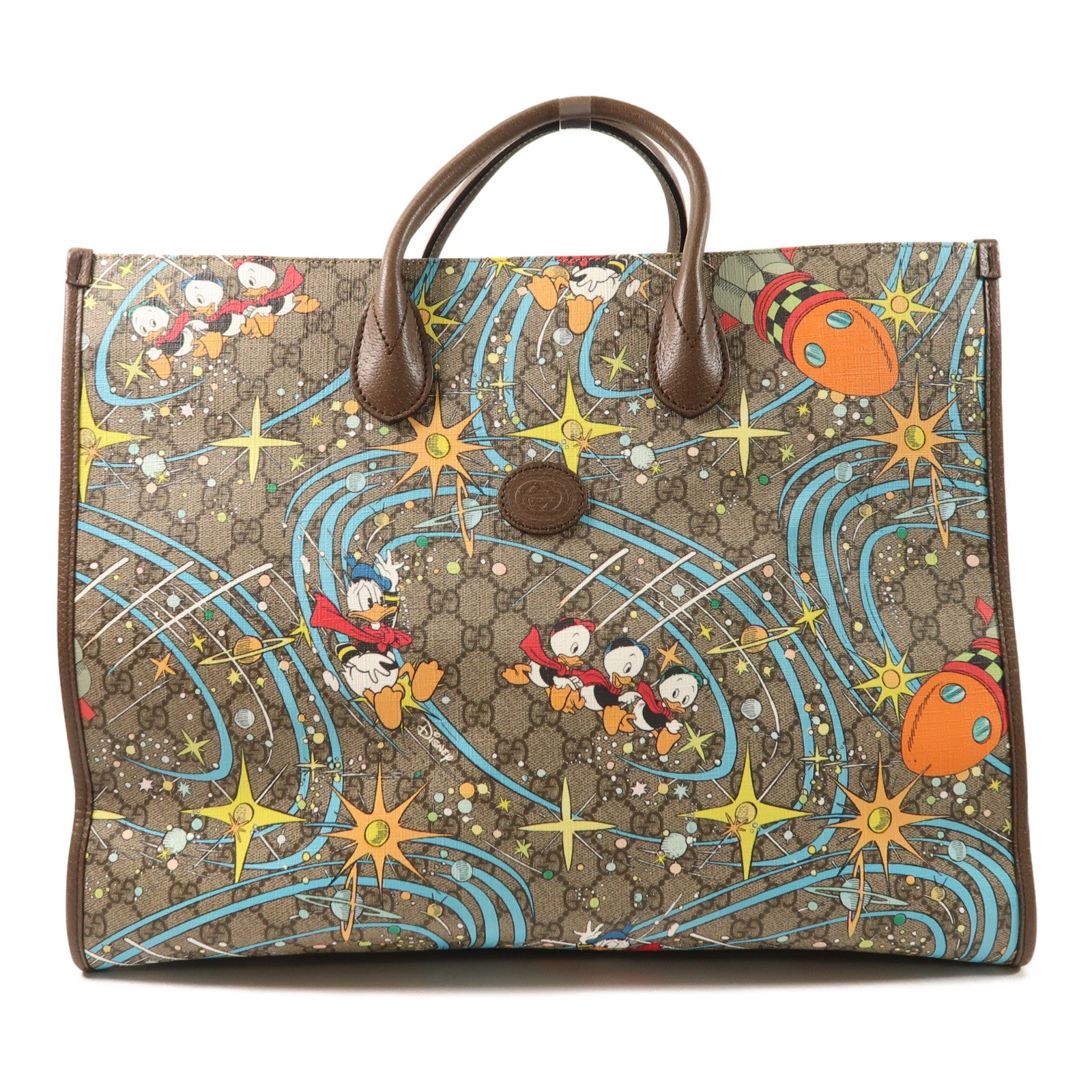 GUCCI 塗層帆布/牛皮皮革Gucci x Disney Donald Duck金扣手挽袋