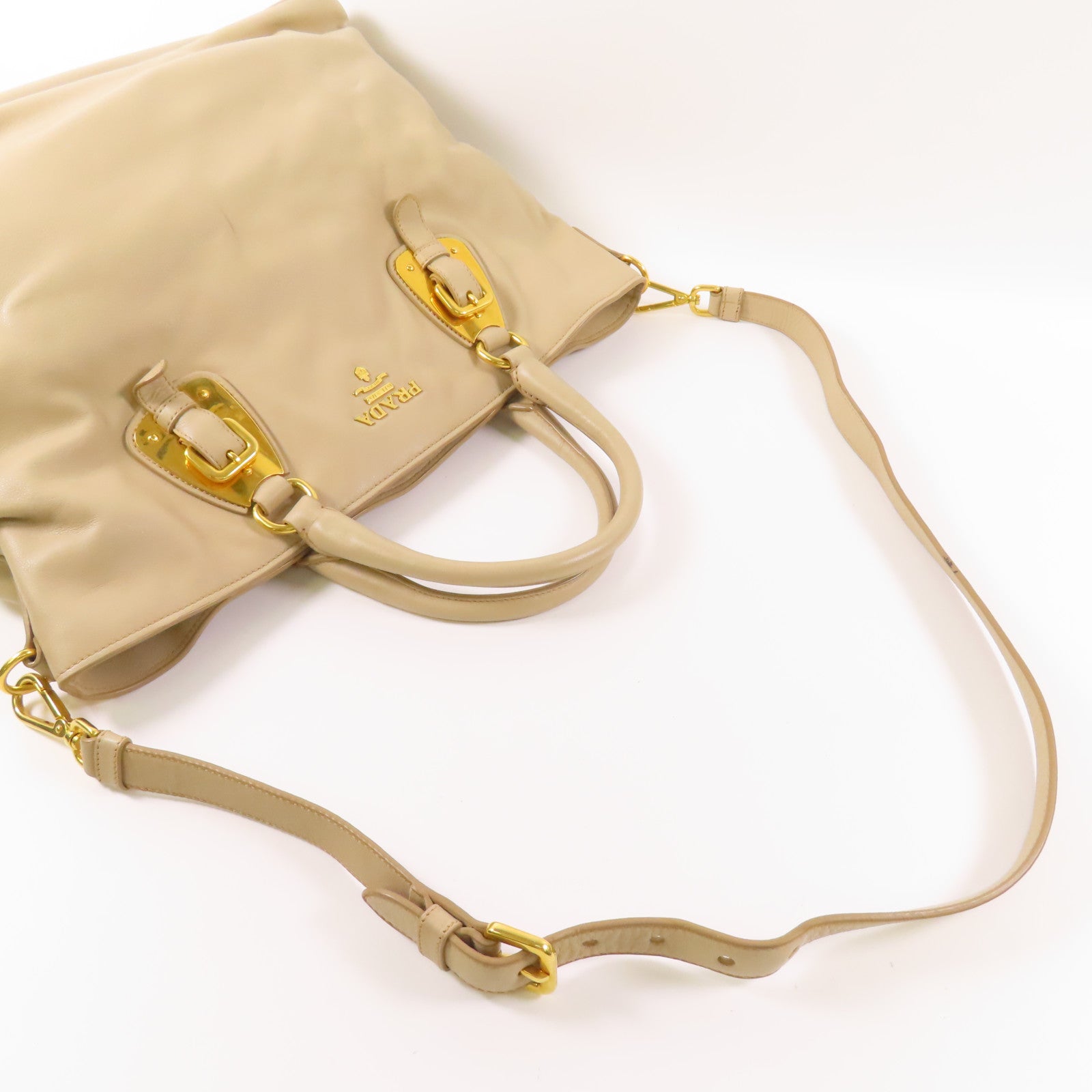 PRADA GHW Shopping Tote 2 Way Shoulder Bag BN1902 Calfskin Leather Beige