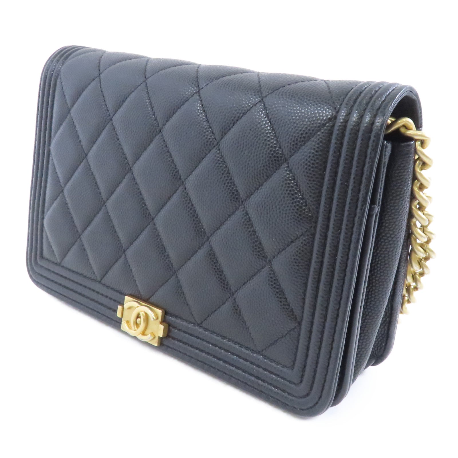 CHANEL 菱格Caviar皮革Boy Wallet On Chain金扣鏈帶肩背袋黑色