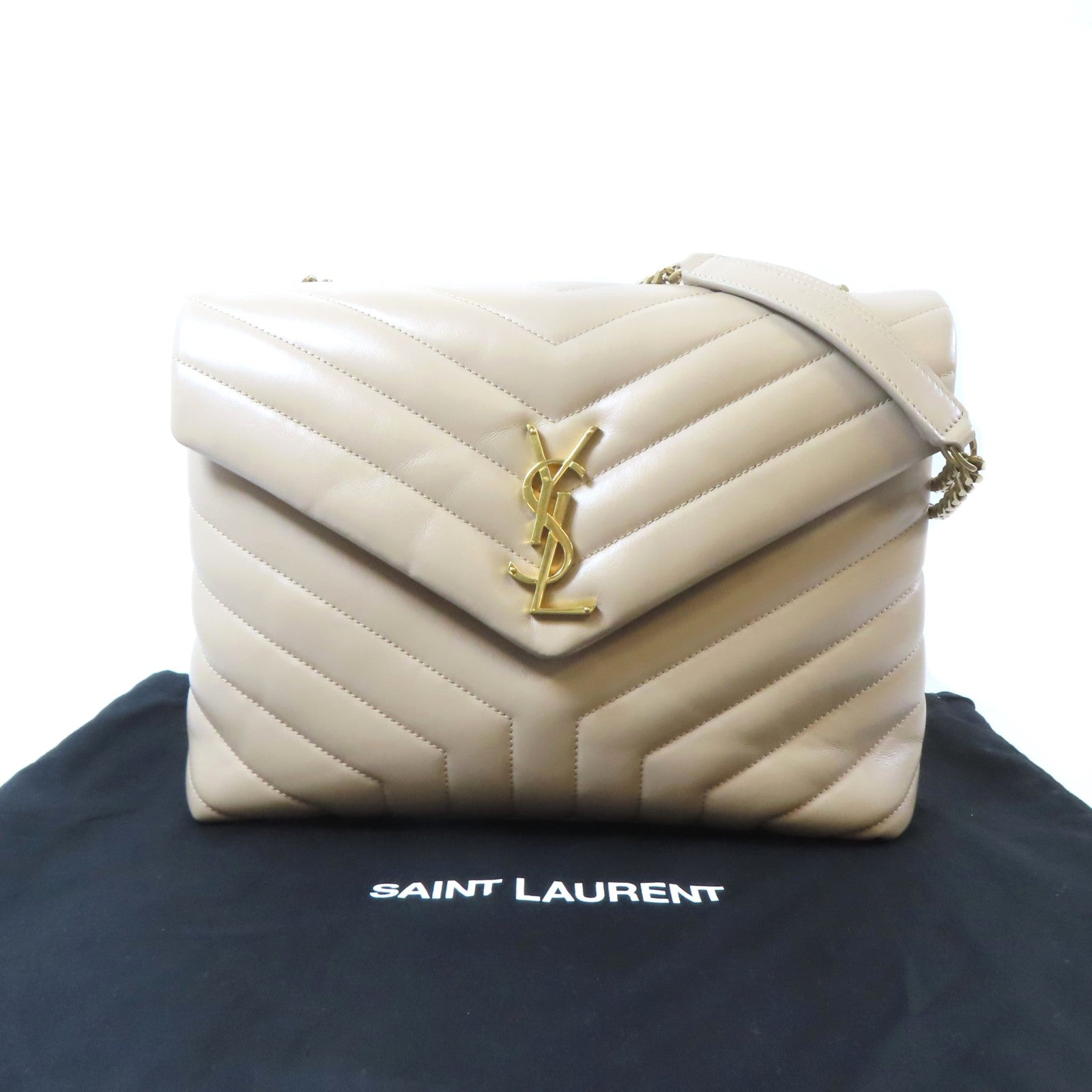 SAINT LAURENT 斜紋牛皮皮革MOON ALMA金扣肩背袋米色