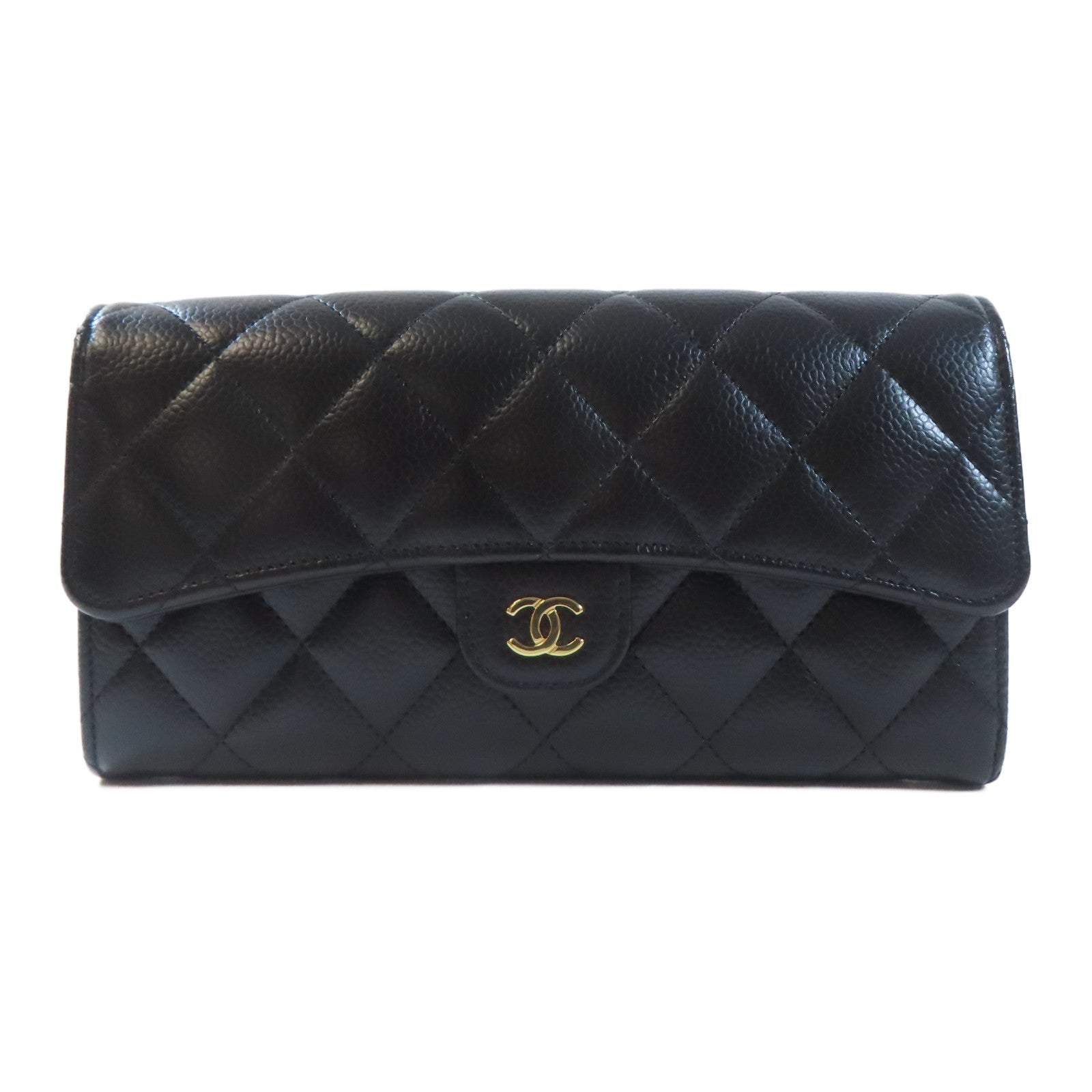 CHANEL 菱格牛皮皮革Long Wallet金扣長錢包黑色