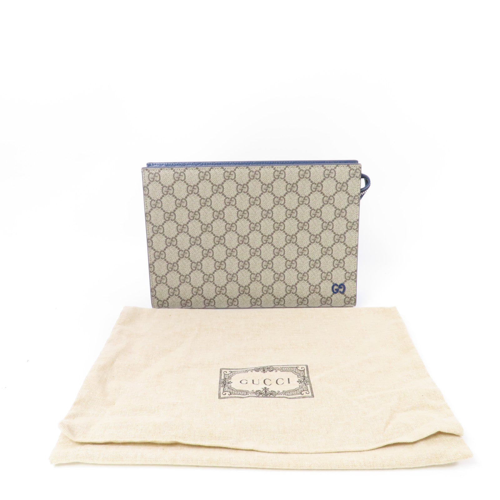 GUCCI 塗層帆布GG Supreme Pouch銀扣手拿包米色