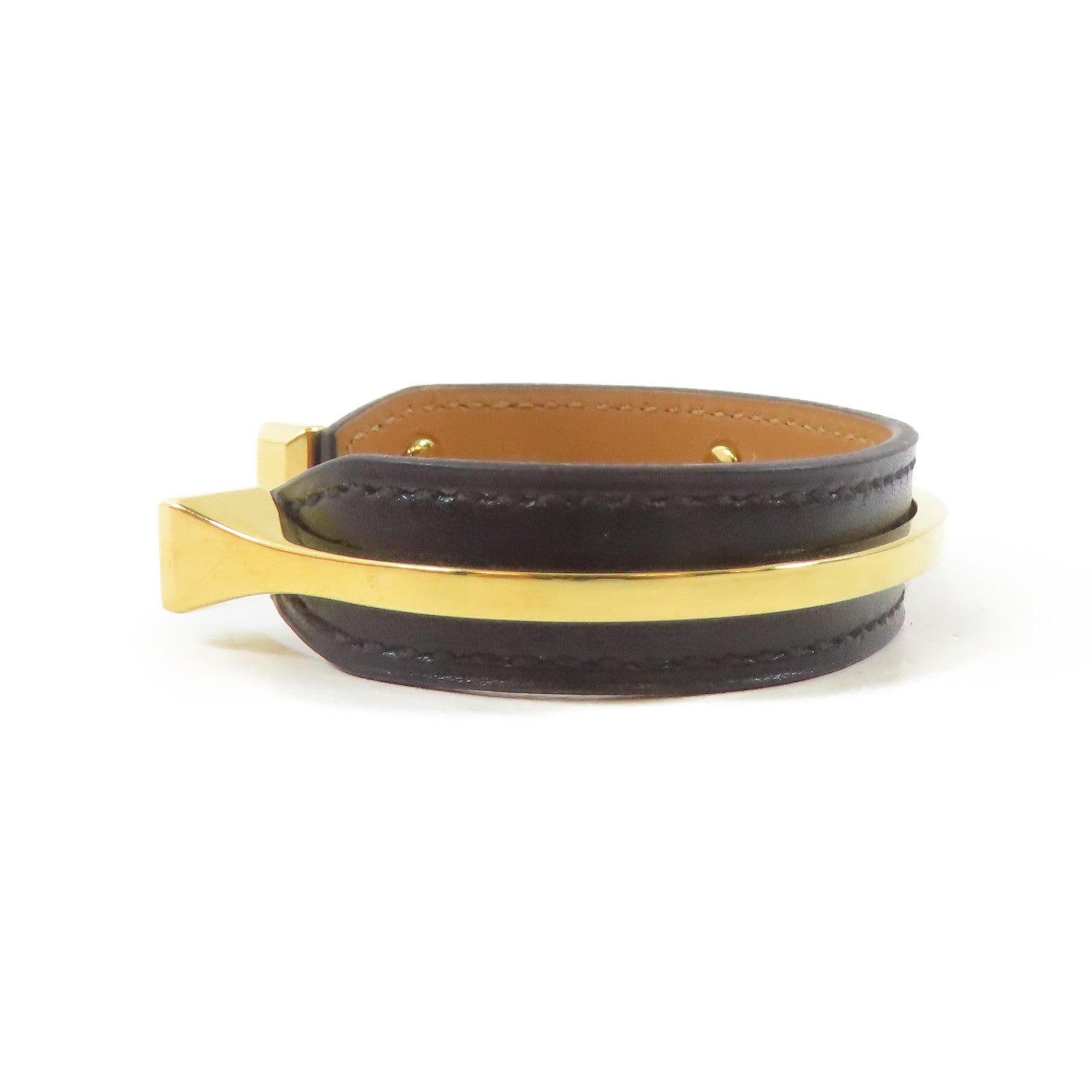 HERMES 皮革/金屬Open Cuff Bracelet手鐲黑色/金色#17cm