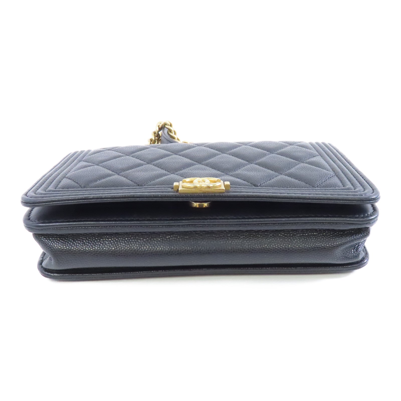CHANEL 菱格Caviar皮革Boy Wallet On Chain金扣鏈帶肩背袋黑色