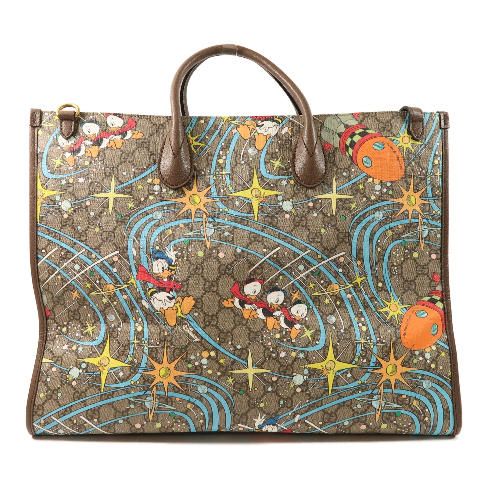 GUCCI 塗層帆布/牛皮皮革Gucci x Disney Donald Duck金扣手挽袋