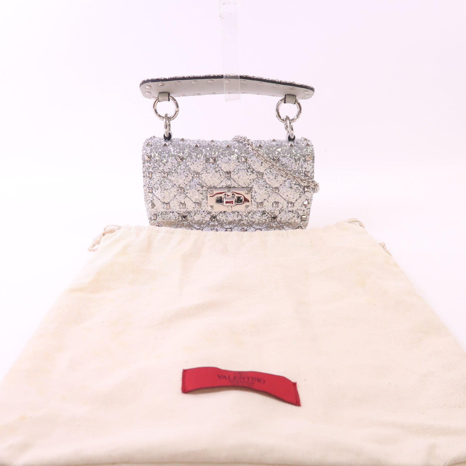 Valentino 皮革/亮片Mini Rockstud銀扣手挽肩背兩用袋