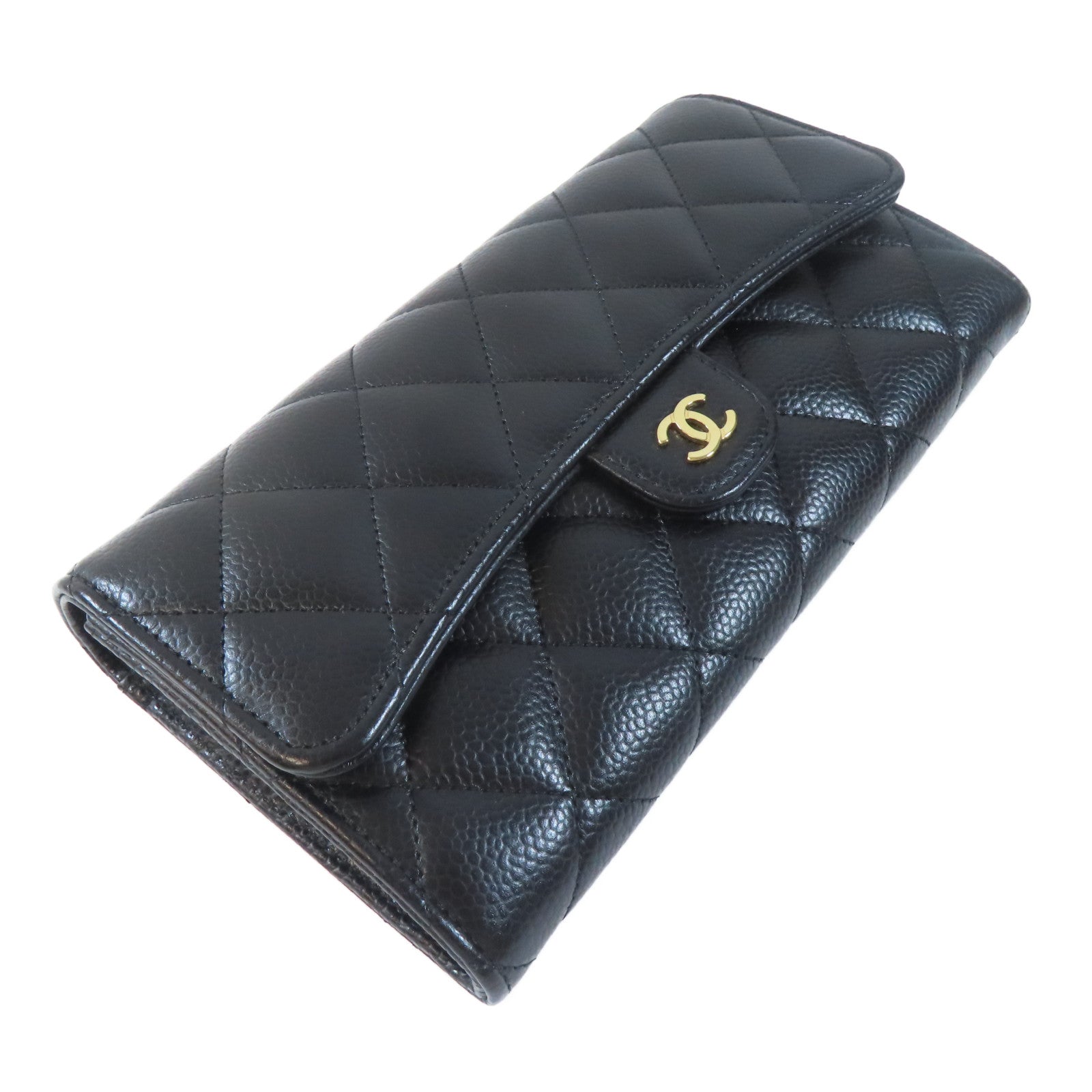 CHANEL 菱格牛皮皮革Long Wallet金扣長錢包黑色