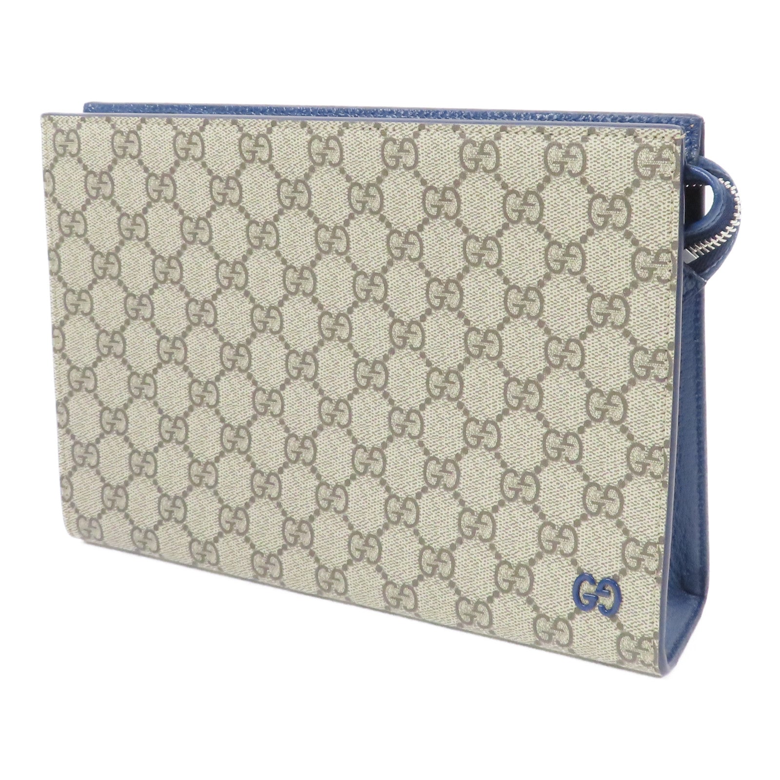 GUCCI 塗層帆布GG Supreme Pouch銀扣手拿包米色