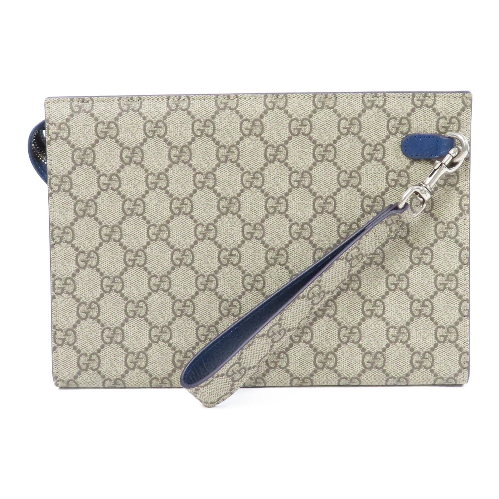GUCCI 塗層帆布GG Supreme Pouch銀扣手拿包米色