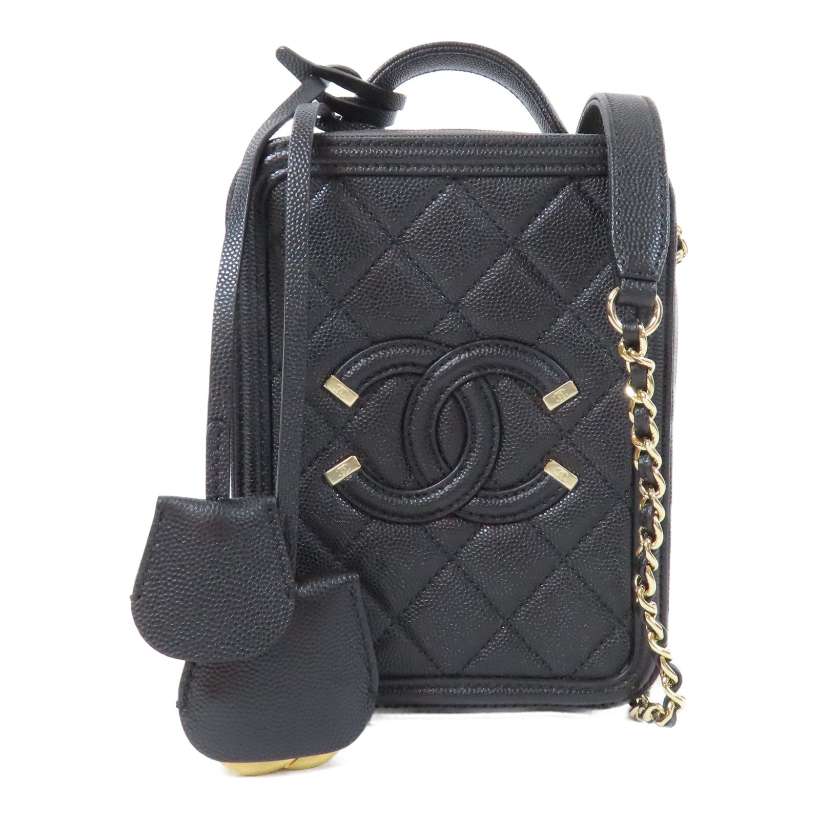 CHANEL 菱格Caviar皮革Vanity Case金扣手挽肩背兩用袋黑色