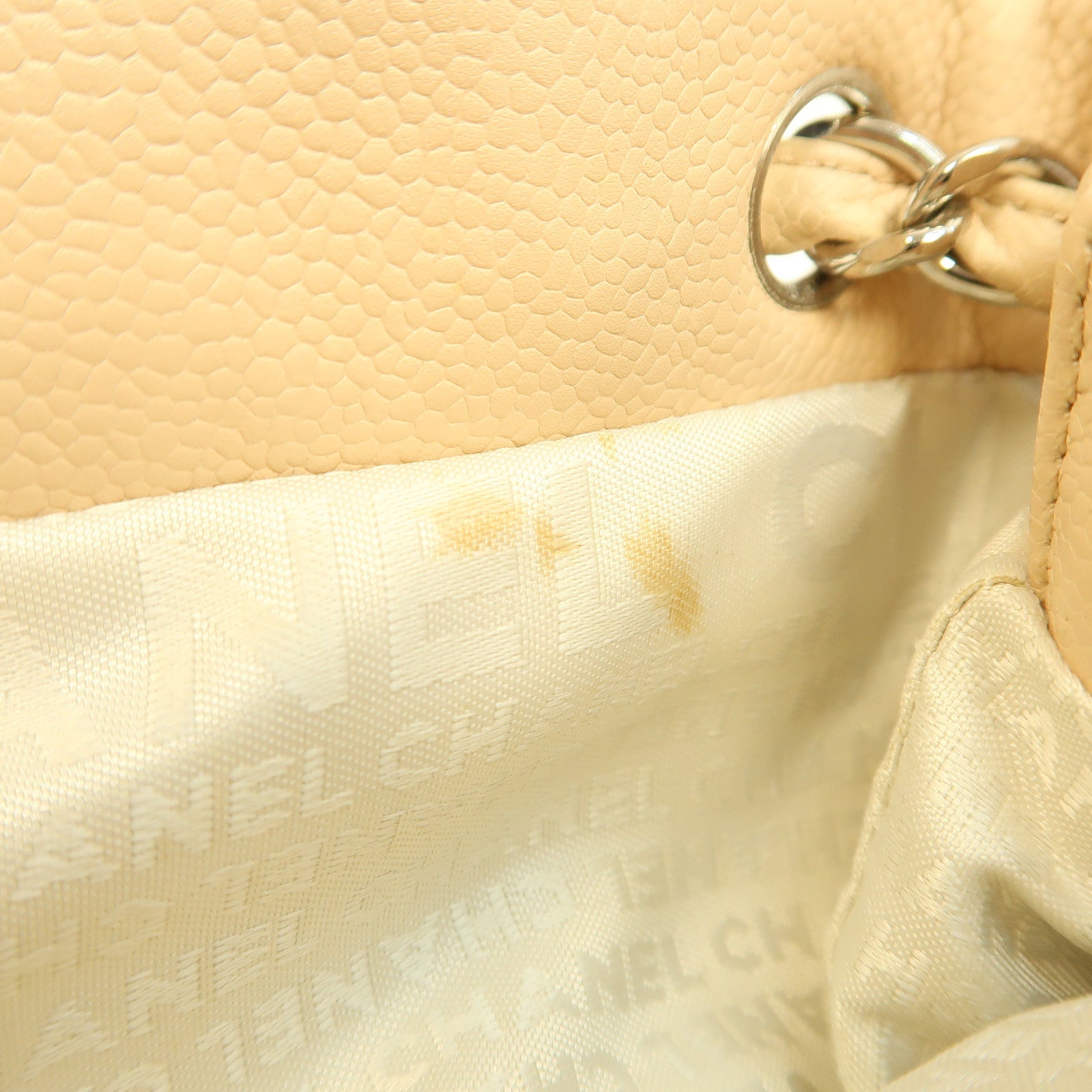 CHANEL 【激減優惠】織紋皮革Chain Shoulder Bag銀扣鏈帶肩背袋米色